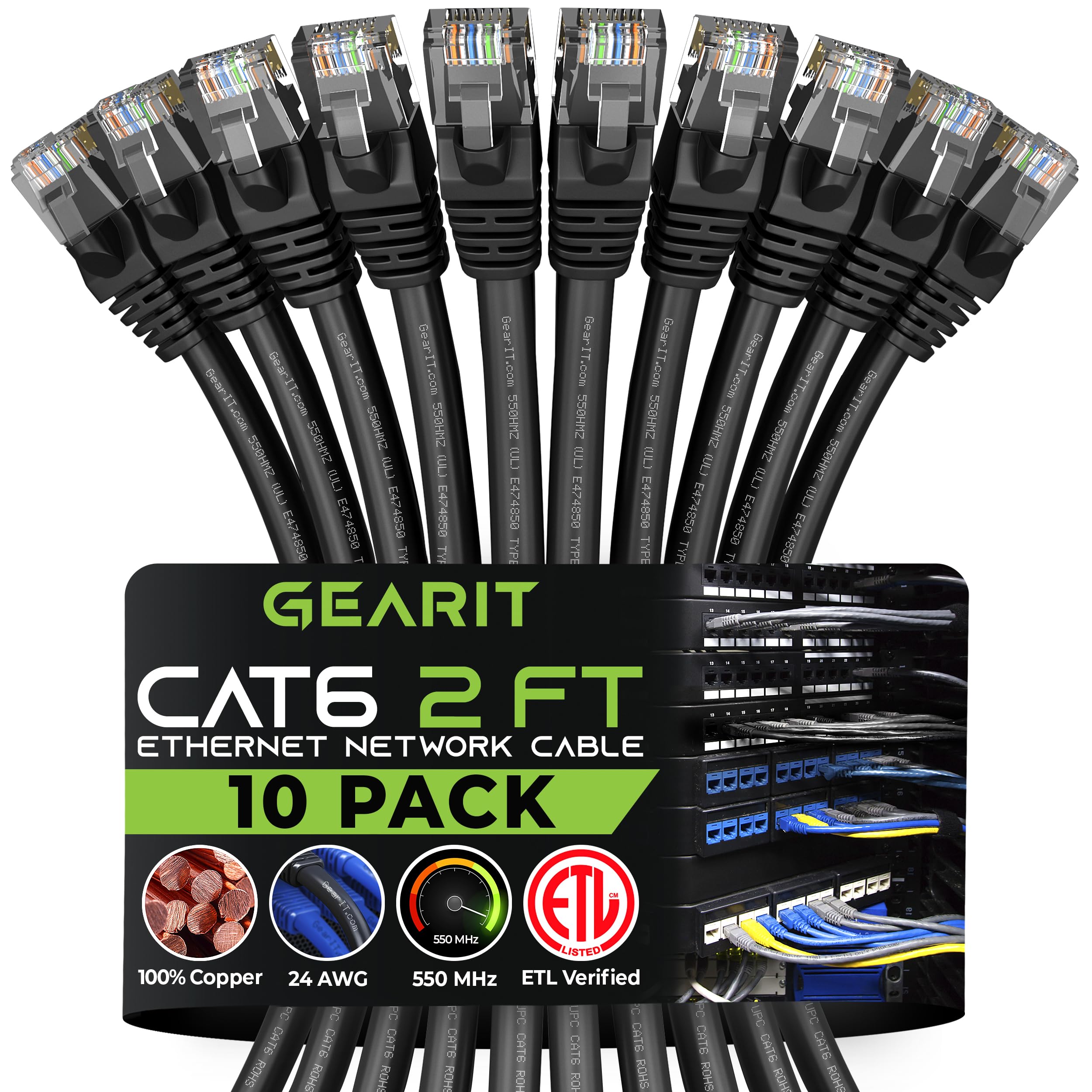 Gearit 10 Pack, Cat 6 Ethernet Cable Cat6 Snagless Patch 2 Feet   Computer Lan Network Cord, Black   Compatible With 10 Port Swi