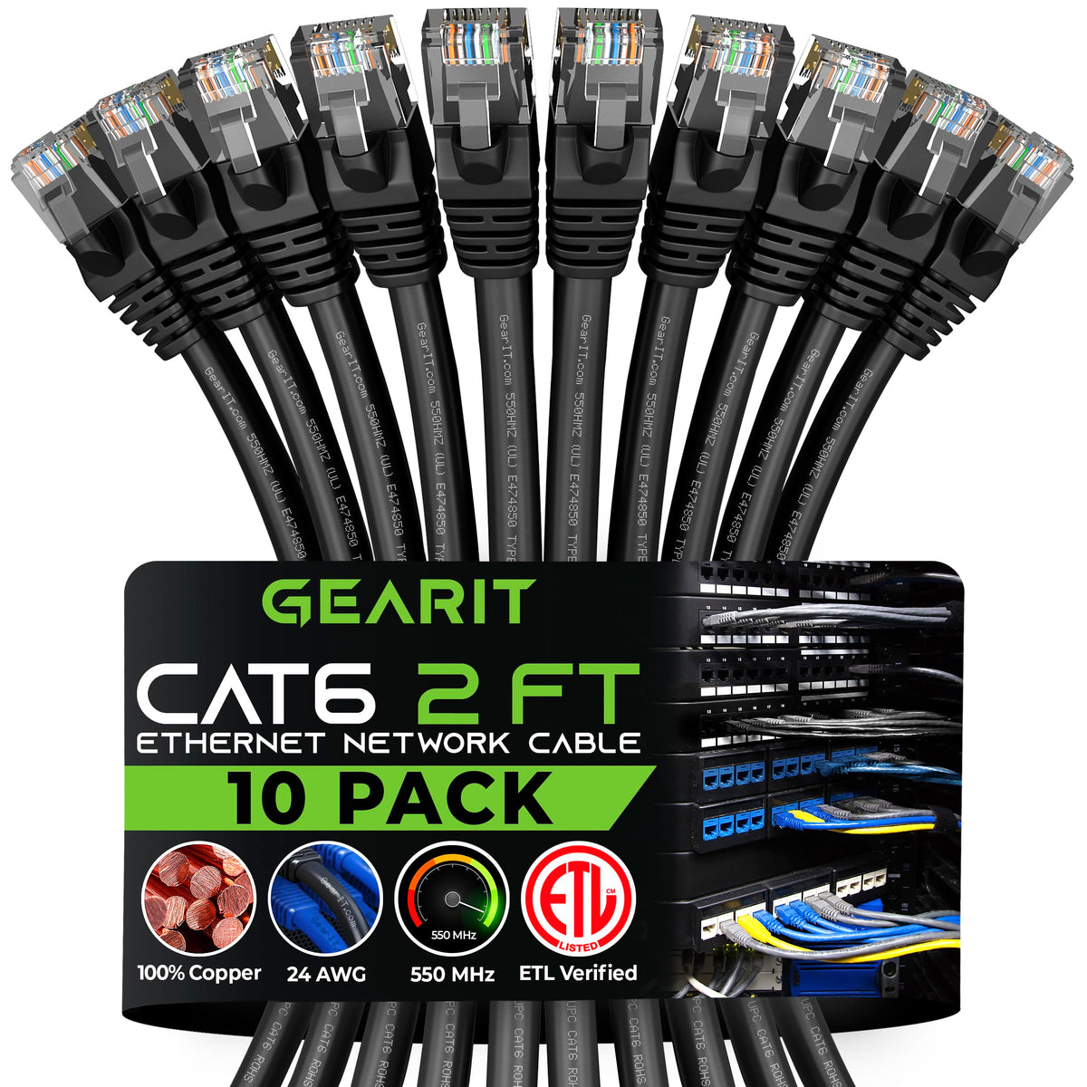 Gearit 10 Pack, Cat 6 Ethernet Cable Cat6 Snagless Patch 2 Feet   Computer Lan Network Cord, Black   Compatible With 10 Port Swi