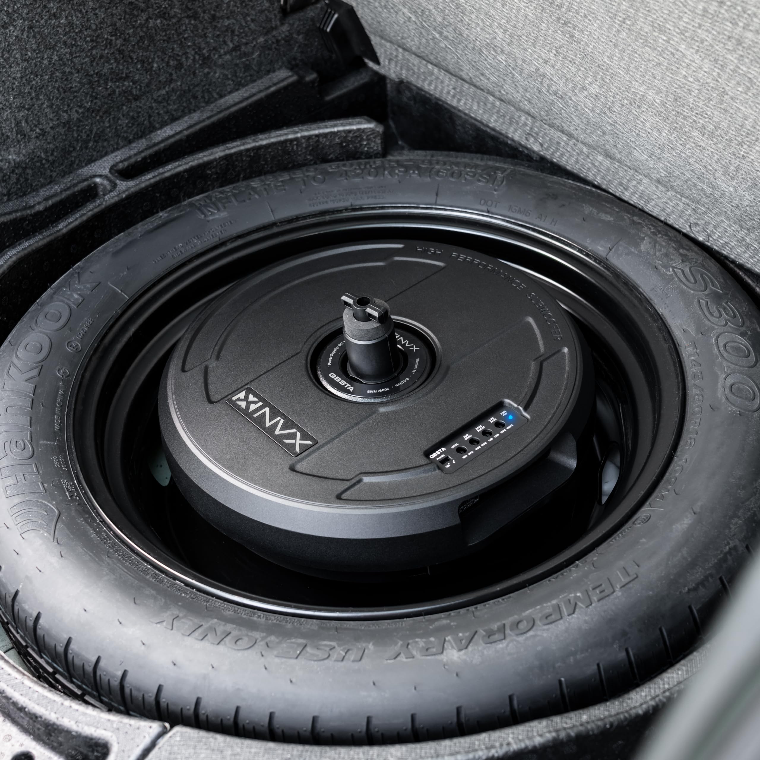 Nvx Qbsta 900W Max (300W Rms) 11'' Powered Spare Tire Subwoofer Box With Built In Amp And Remote Bass Knob, Easy To Install In C