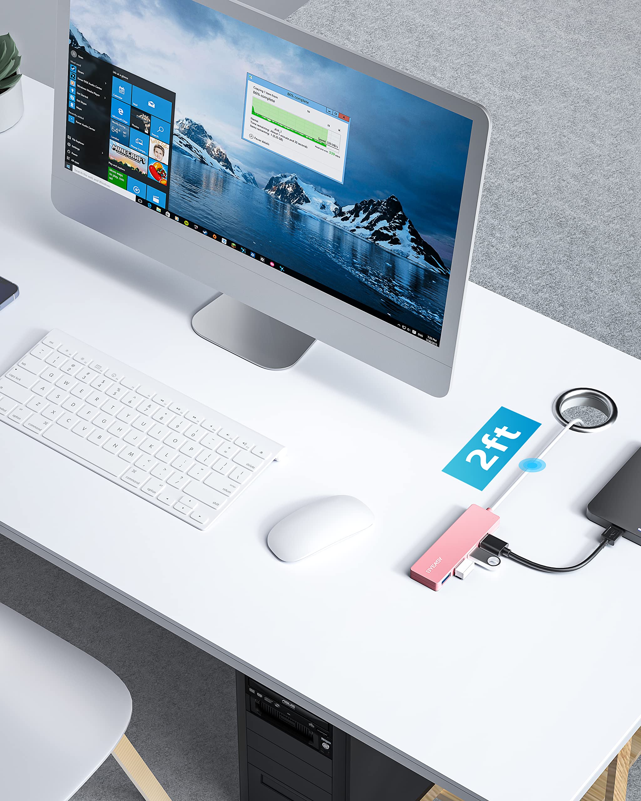 Byeasy Usb Hub, Usb 3.1 C To Usb 3.0 Hub With 4 Ports And 2Ft Extended Cable, Ultra Slim Portable Usb Splitter For Macbook, Mac Pro/Mini, Imac, Ps4, Ps5, Surface Pro, Flash Drive, Samsung(Pink)