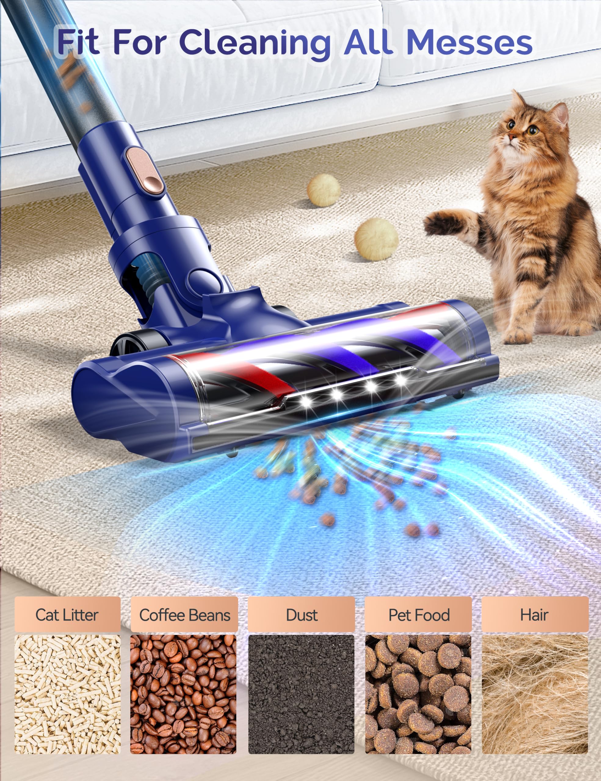 Cordless Vacuum Cleaner, 23Kpa Powerful Lightweight Stick Vac With Led Headlights, 3 Modes, 45 Mins Runtime, Rechargeable Portab
