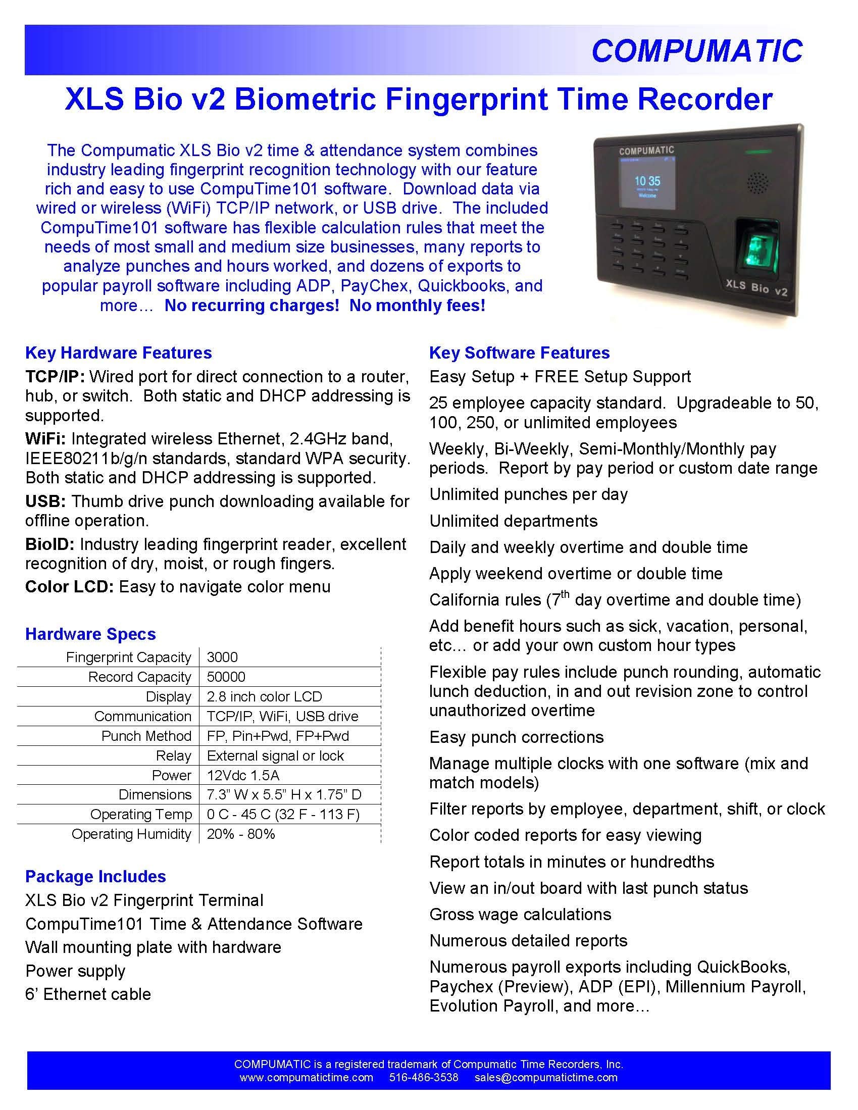 Compumatic Xls Bio V2 Biometric Fingerprint Time Clock System, Wifi, Computime101 Software Included, 0 No Monthly Fees!!