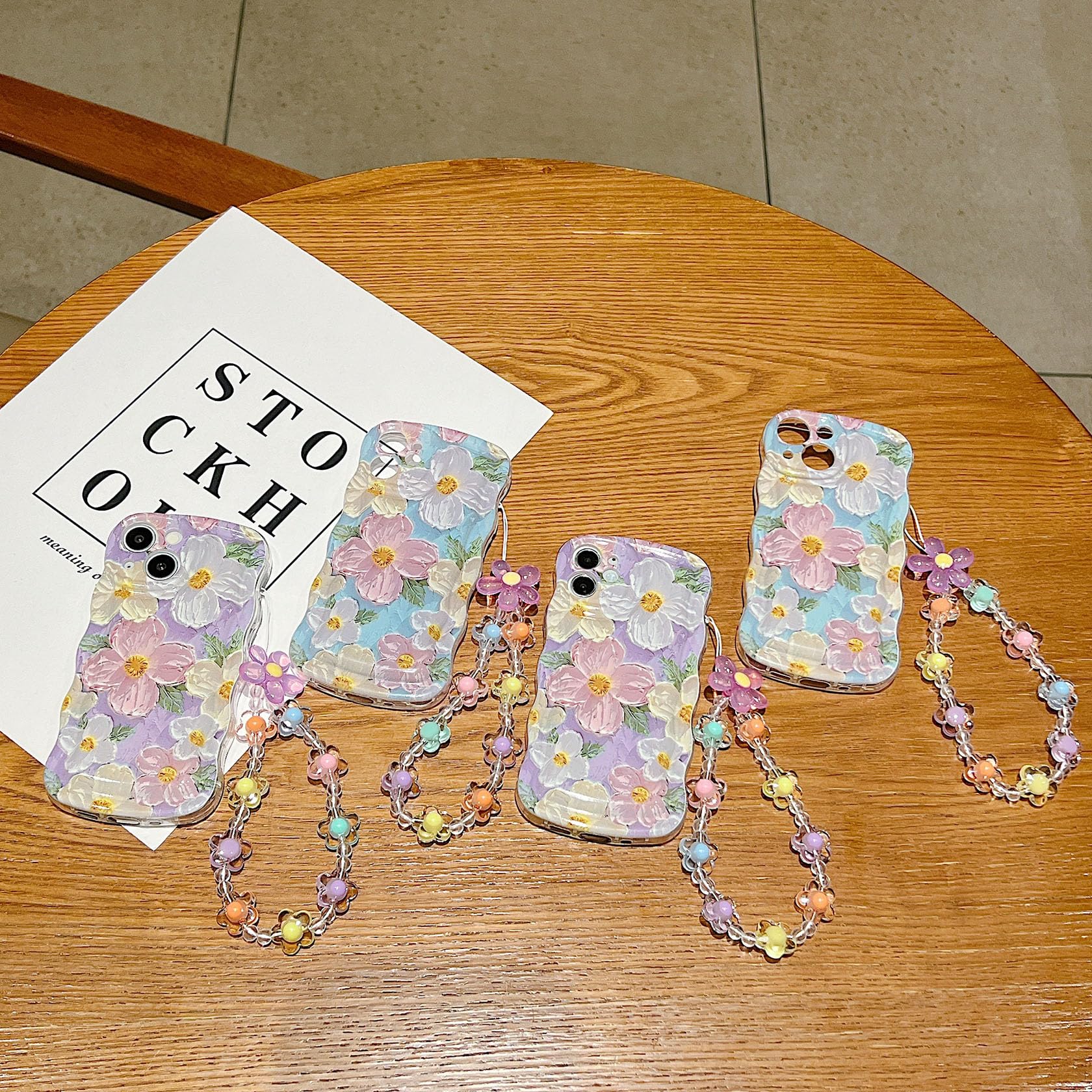 For Iphone 12 Mini Curly Wavy Case, Cute Colorful Retro Oil Painting Flower Glossy Pattern [With Bead Chain], Slim Fit Shockproo