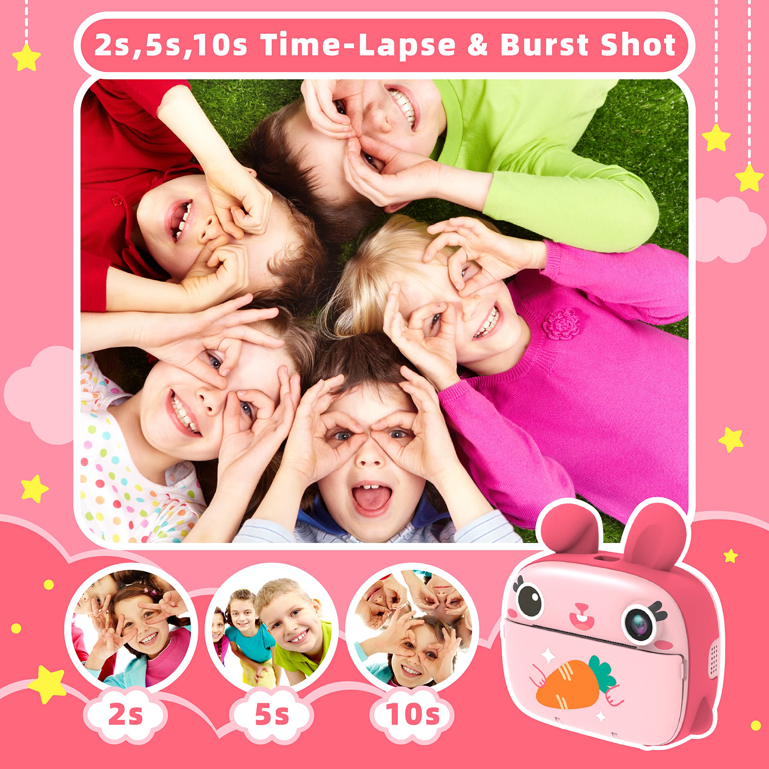 Camclid Instant Camera For Kids, 2.5K Kids Camera Instant Print With No Ink Print Paper & 32G Card,Selfie Digital Camera & 1080P