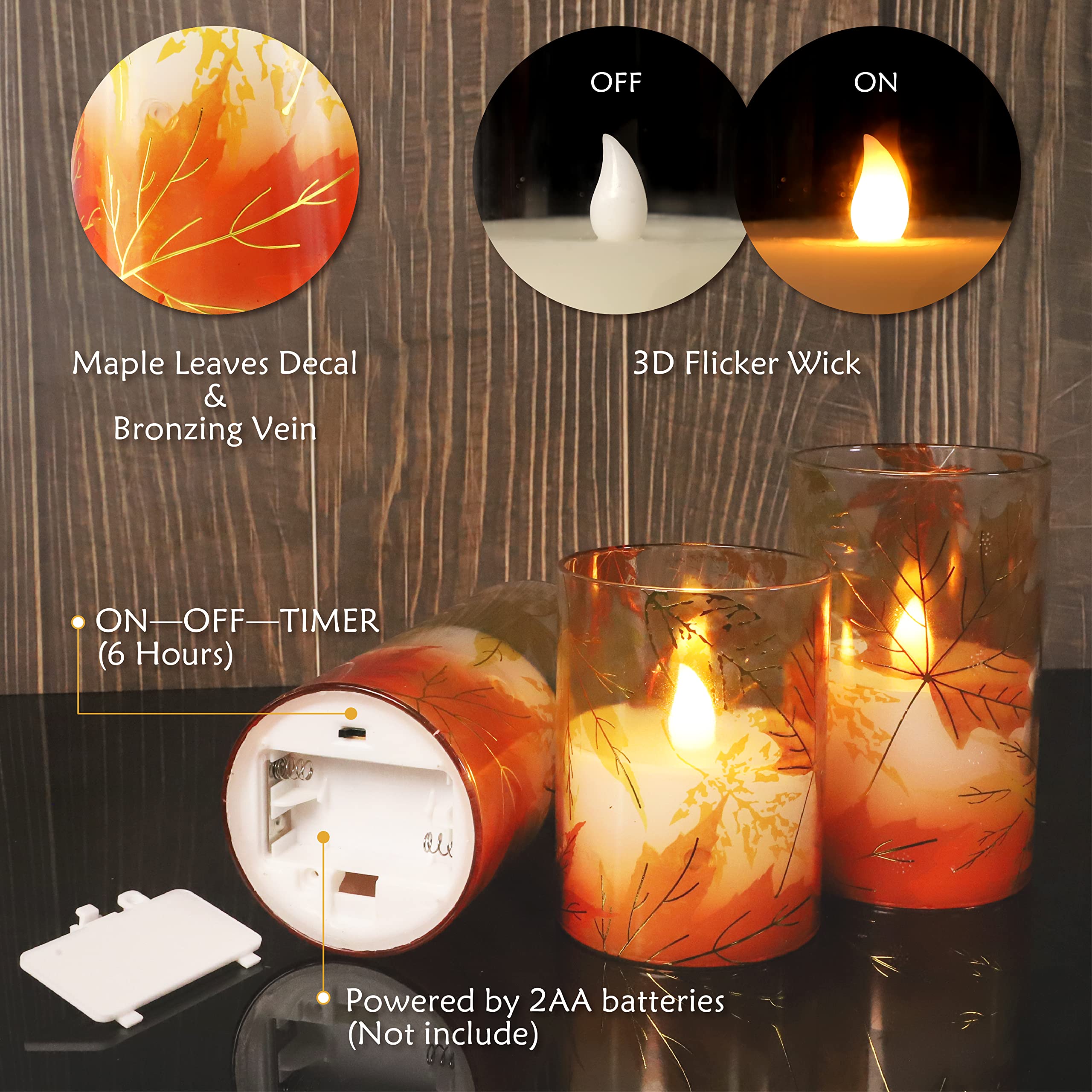 Gorge Moment Flameless Led Candles Battery Operated Flickering With Remote Timer Glass Effect Gold Red Maple Leaves Realistic Wa