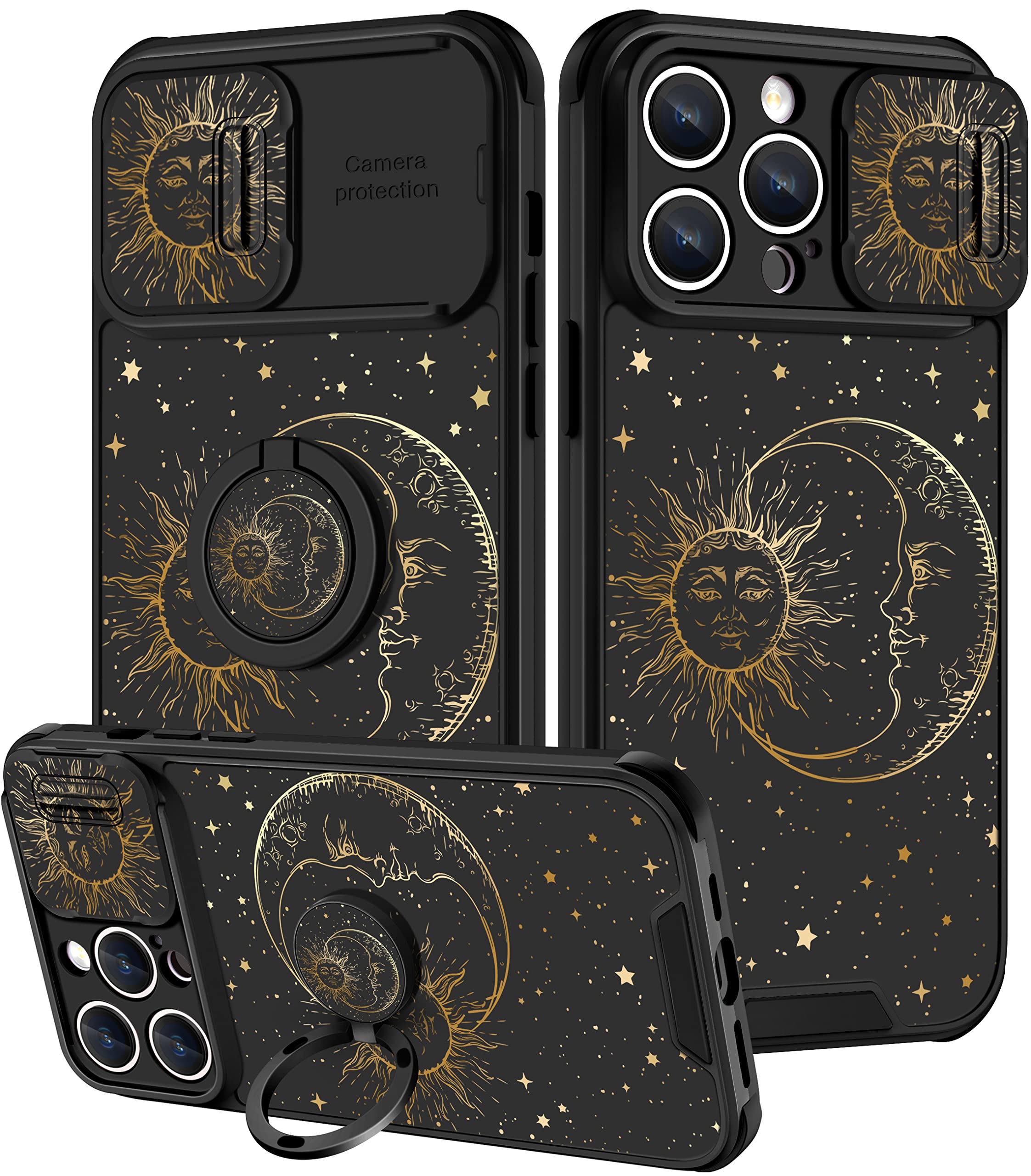 Goocrux (2In1 For Iphone 14 Pro Max Case Sun And Moon Stars For Women Girls Cute Space Phone Cover With Slide Camera Cover+Ring