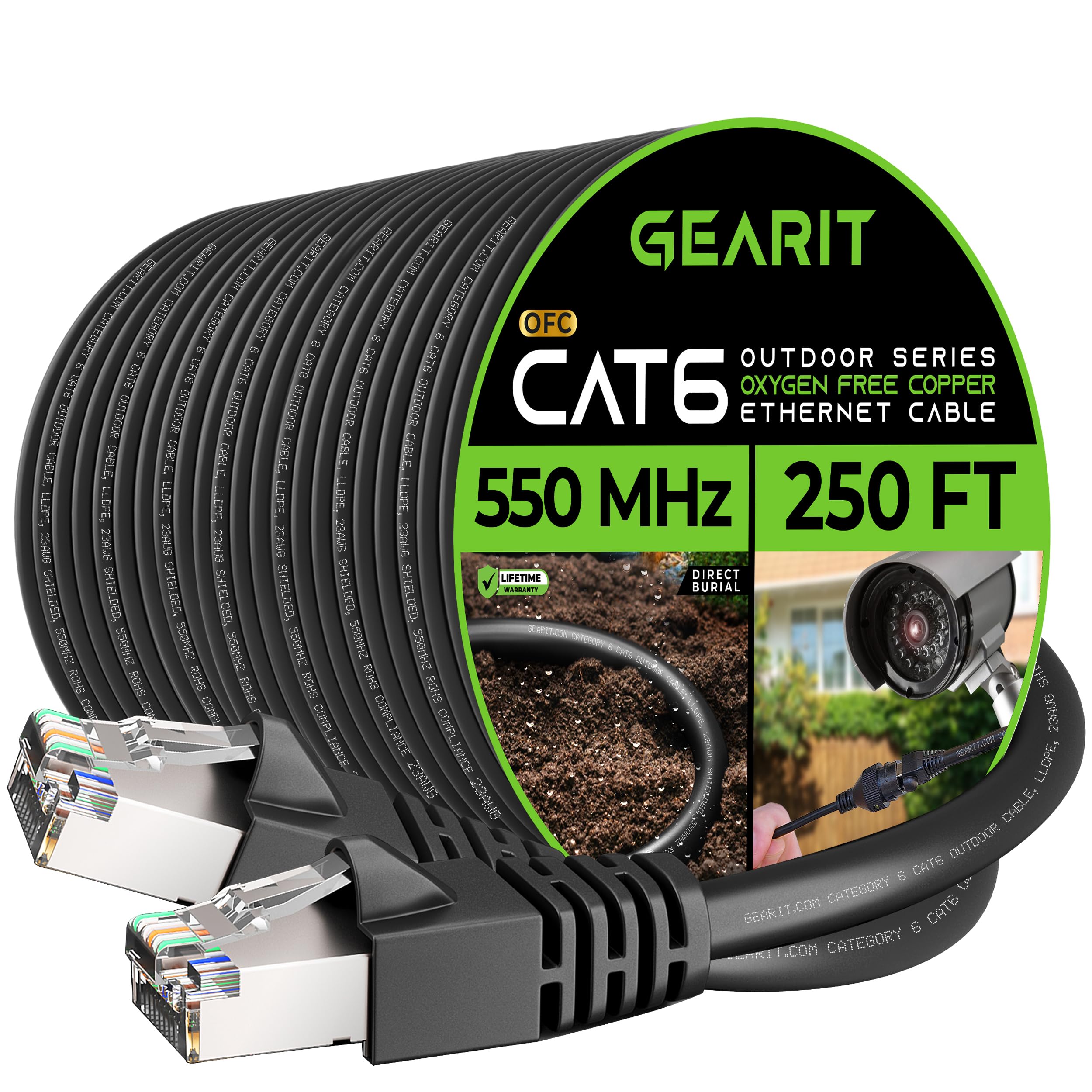 Gearit Cat6 Outdoor Ethernet Cable (250Ft) 23Awg Pure Copper, Ftp, Lldpe, Waterproof, Direct Burial, In Ground, Uv Resistant, Po