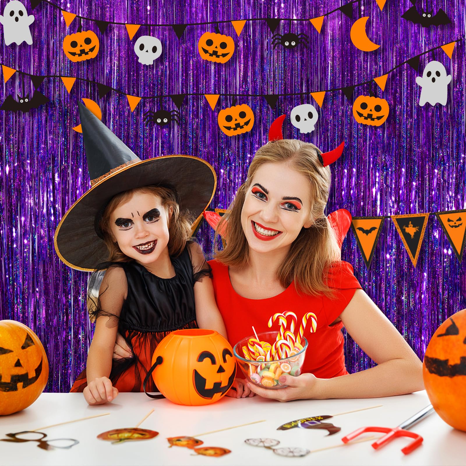 Purple Metallic Tinsel Foil Fringe Curtains, 2 Pack 3.3X8.3 Feet Party Streamer For Birthday Party Decorations, Halloween Decor,