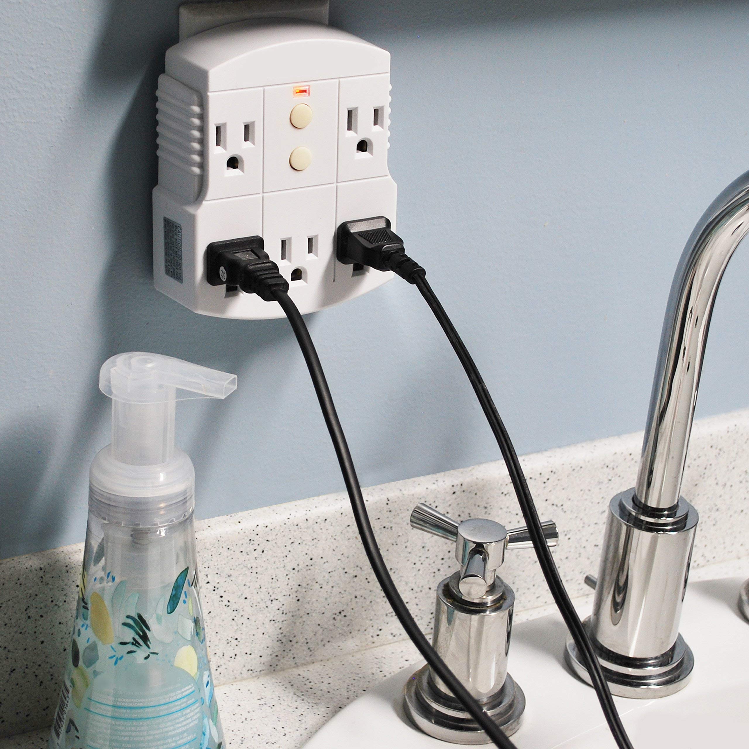 Tower Manufacturing 30440003 Auto Reset 15 Amp Grounded 3 Prong Gfci 5 Outlet Adapter, White [2 Pack]