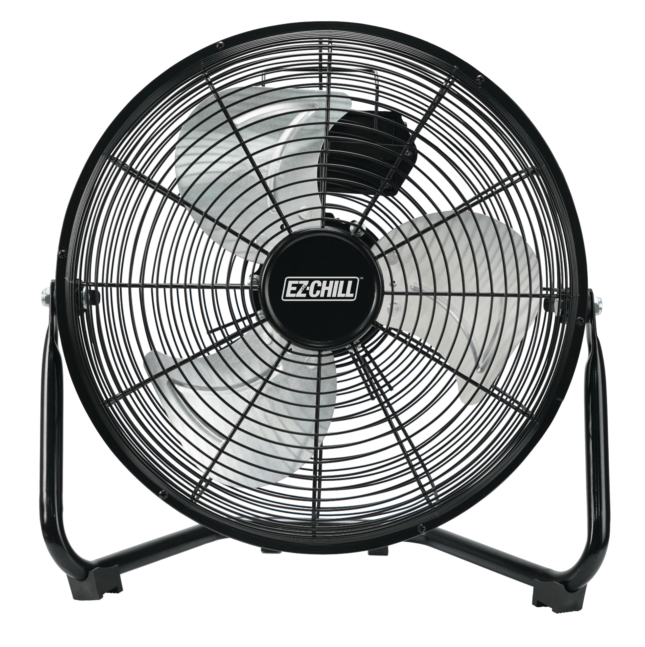 EZ-CHILL 12    Cradle Floor Fan, 3 Speed, High Velocity, 180 Degree Adjustable Tilt, All-Metal, Carry Handle, Rubber Feet, Airfl