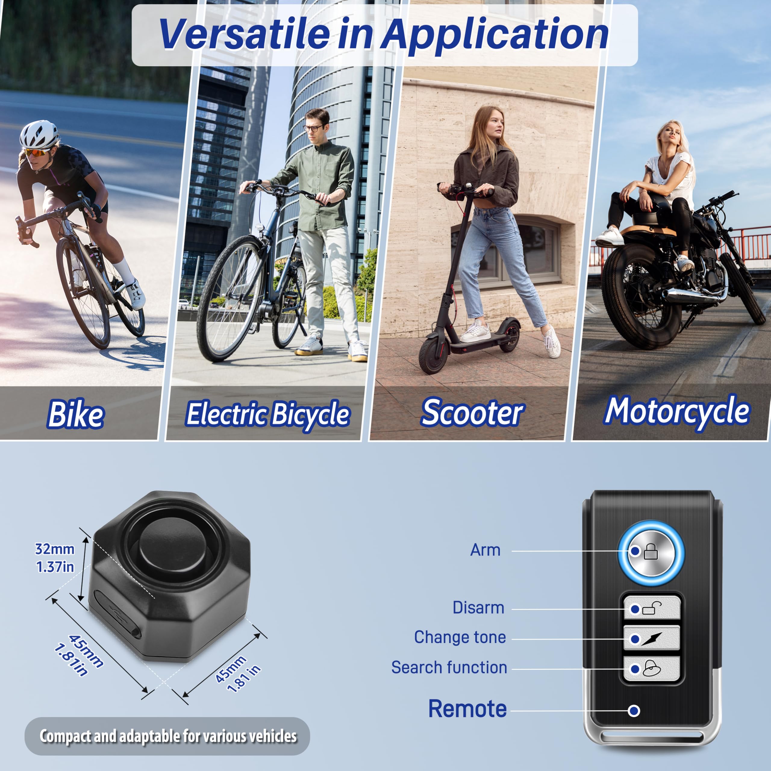 Bike Alarm Usb Rechargeable With Mount, Motorcycle Alarm With Remote Motion,Wireless Bicycle Anti Theft System,Waterproof Vibrat