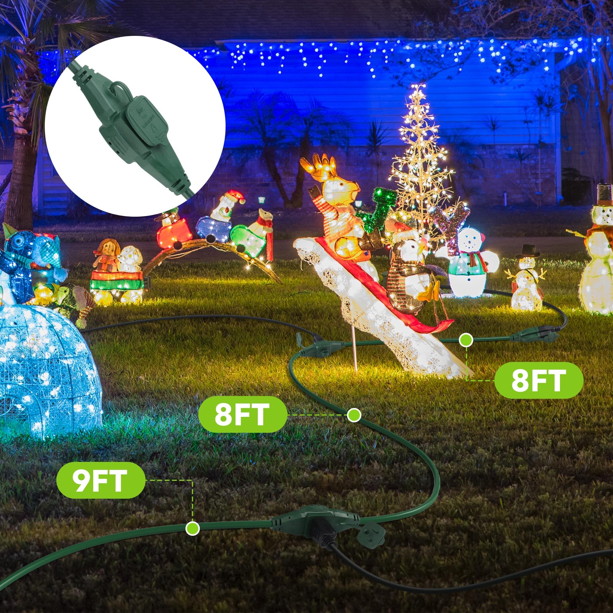 Bn Link 25 Ft Outdoor Extension Cord W/3 Inline Outlets 16/3 Gauge, Sjtw Green For Landscaping & Holiday Decorations, Grounded,