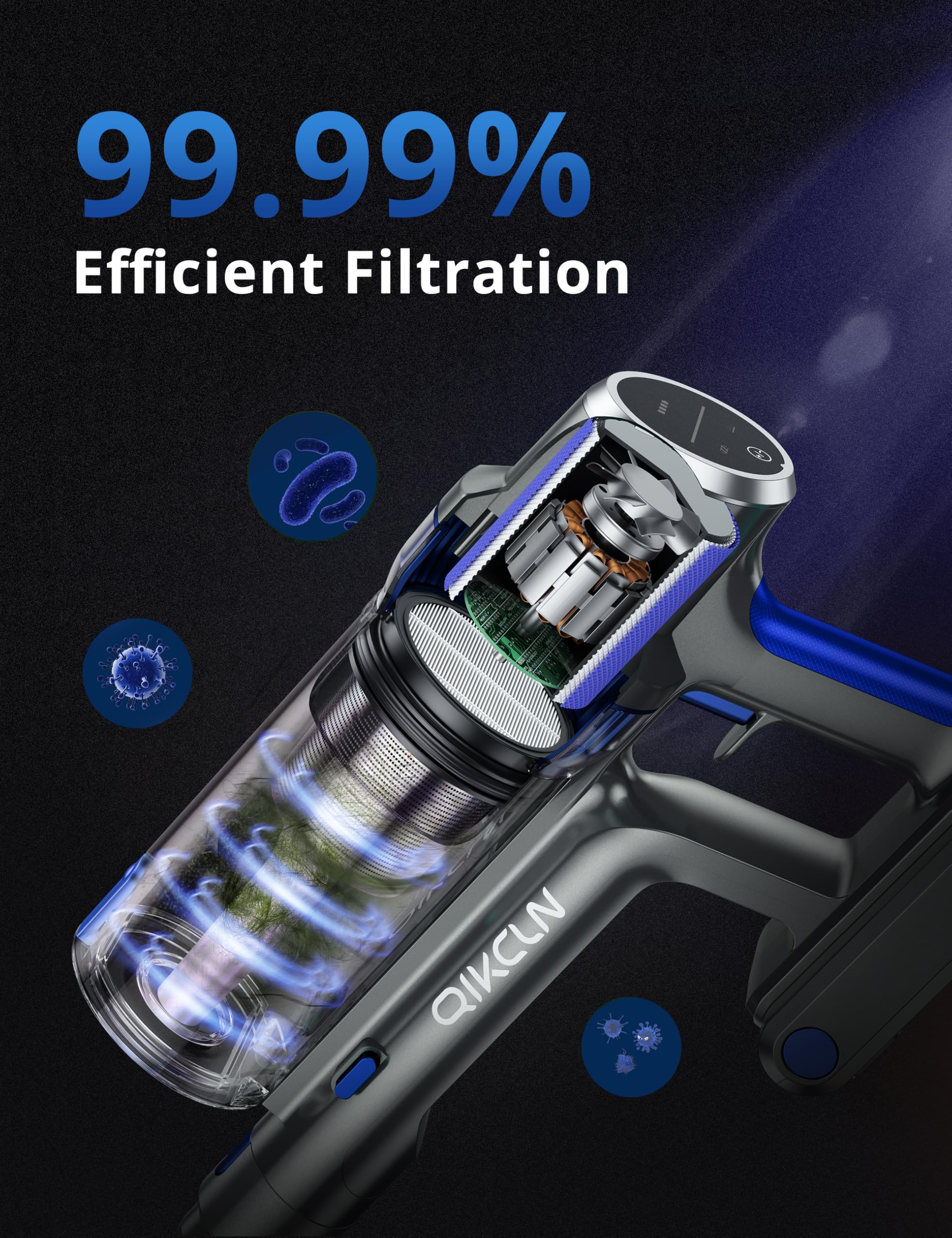 Qikcln Cordless Vacuum Cleaner   250W/30Kpa Powerful Stick Vacuum With Charging Dock, Max 40Mins Runtime, 3 Modes, Smart Led Dis