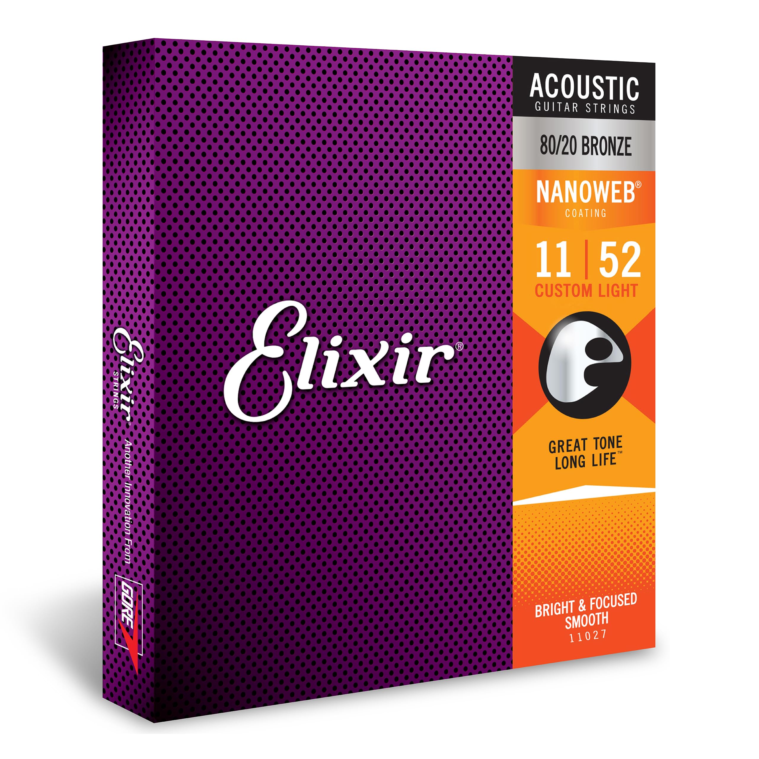 Elixir Strings   Acoustic 8020 Bronze With Nanoweb Coating   Elixir Acoustic Guitar Strings   Custom Light (011 052)