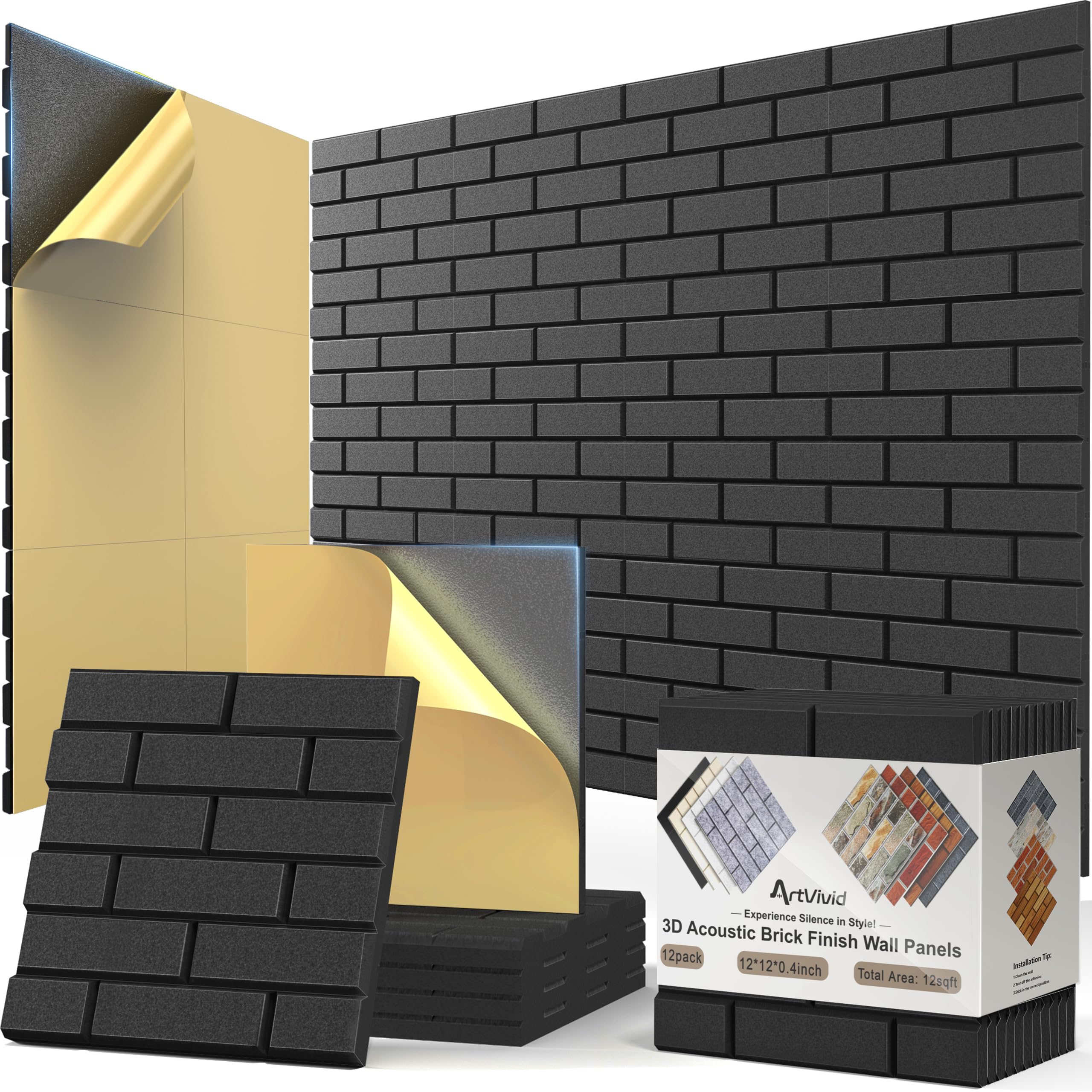 12Pack Acoustic Panels, Self-Adhesive 3D Brick Pattern Sound Proof Panels for Walls, Decorative Sound Dampening Wall Panels for 
