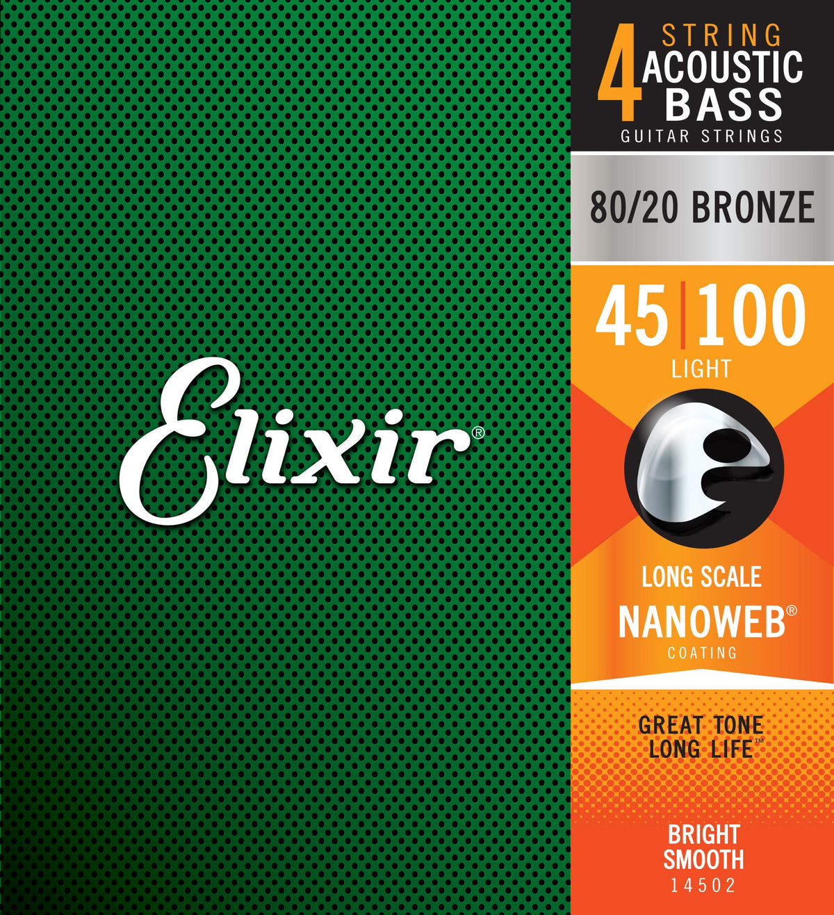 Elixir Strings 80/20 Bronze Acoustic 4 String Bass Strings W Nanoweb Coating, Long Scale, Light (.045 .100)