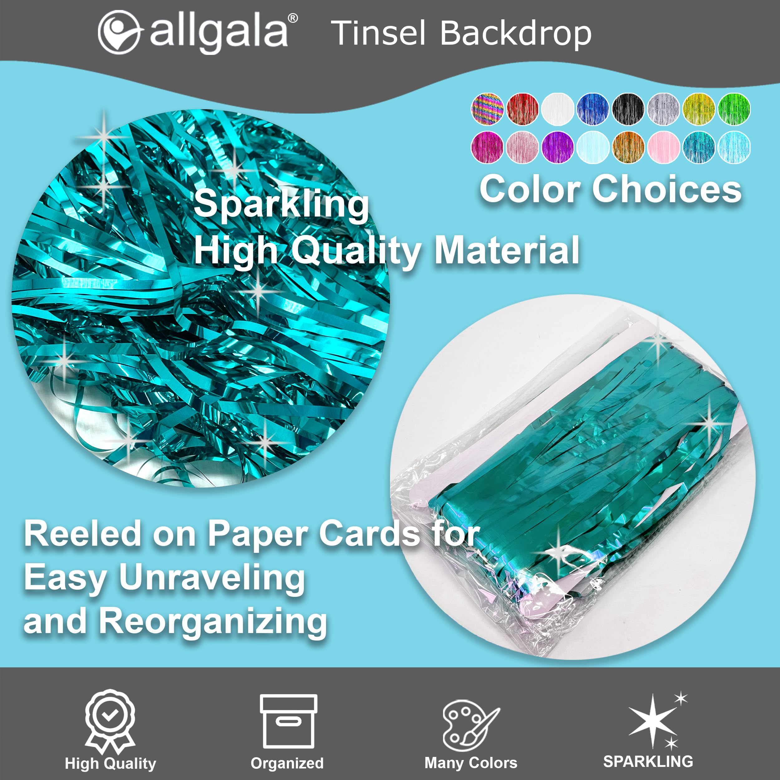 Allgala 4 Pack Turquoise Metalic Tinsel Party Photo Backdrop Curtain 3.3 X 9.8 Ft (1X3M) Photo Booth Background Curtains Door Fr