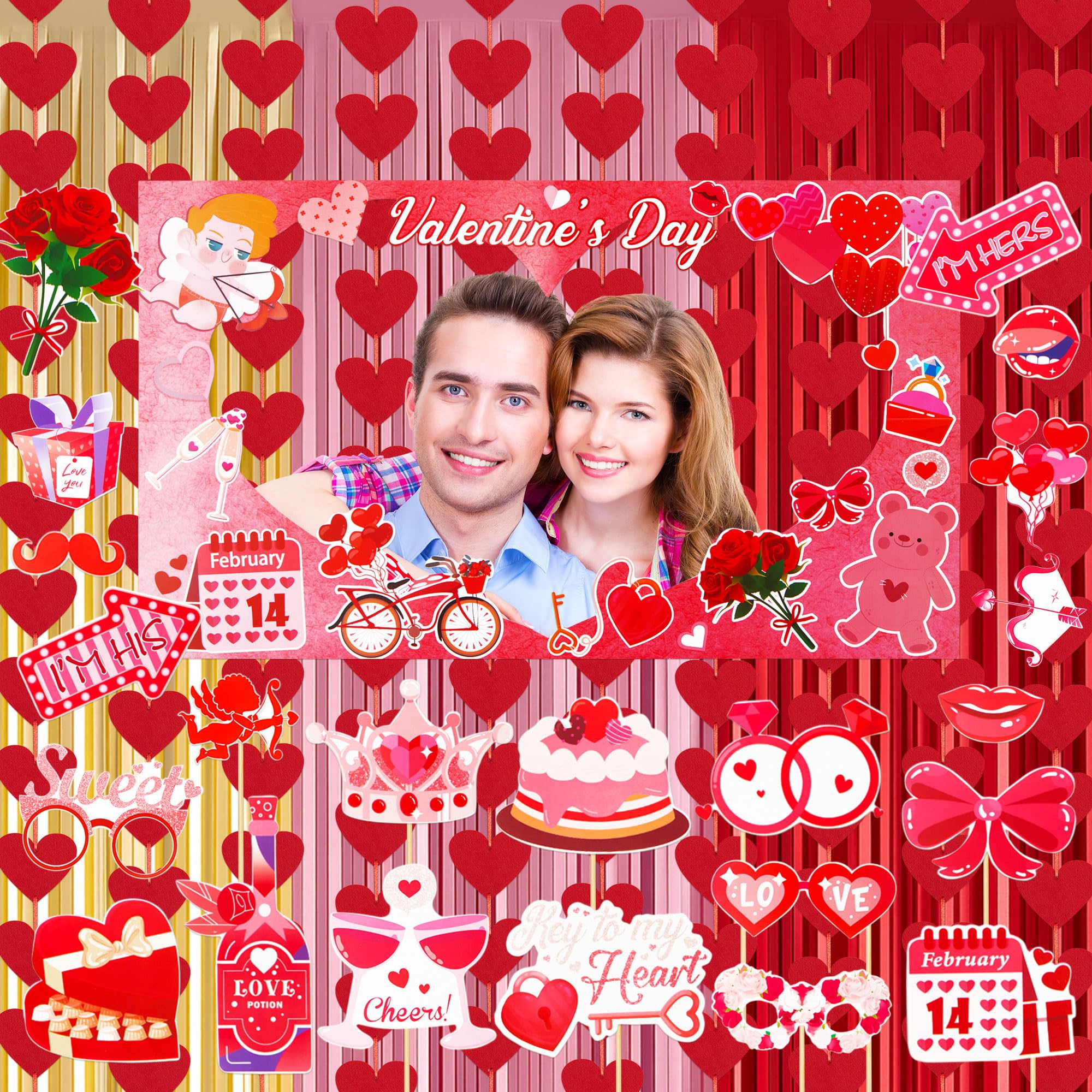 AceOrbit 105 Pcs Valentine Day Photo Booth Prop Kit Large Size Photo Kissing Booth Frame Hand Props Red Hearts Felt Hanging Stri
