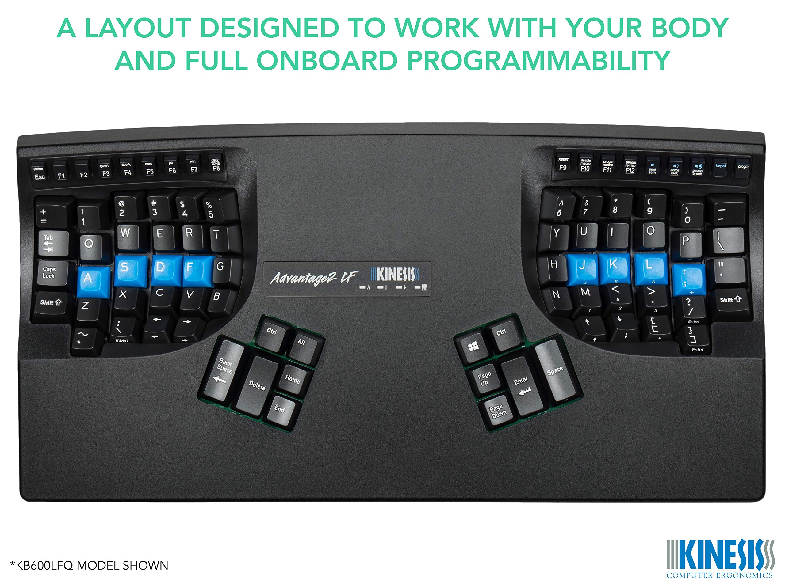 KINESIS Advantage2 Ergonomic USB Keyboard KB600LFQ - Quiet, Black, Aluminum/Steel