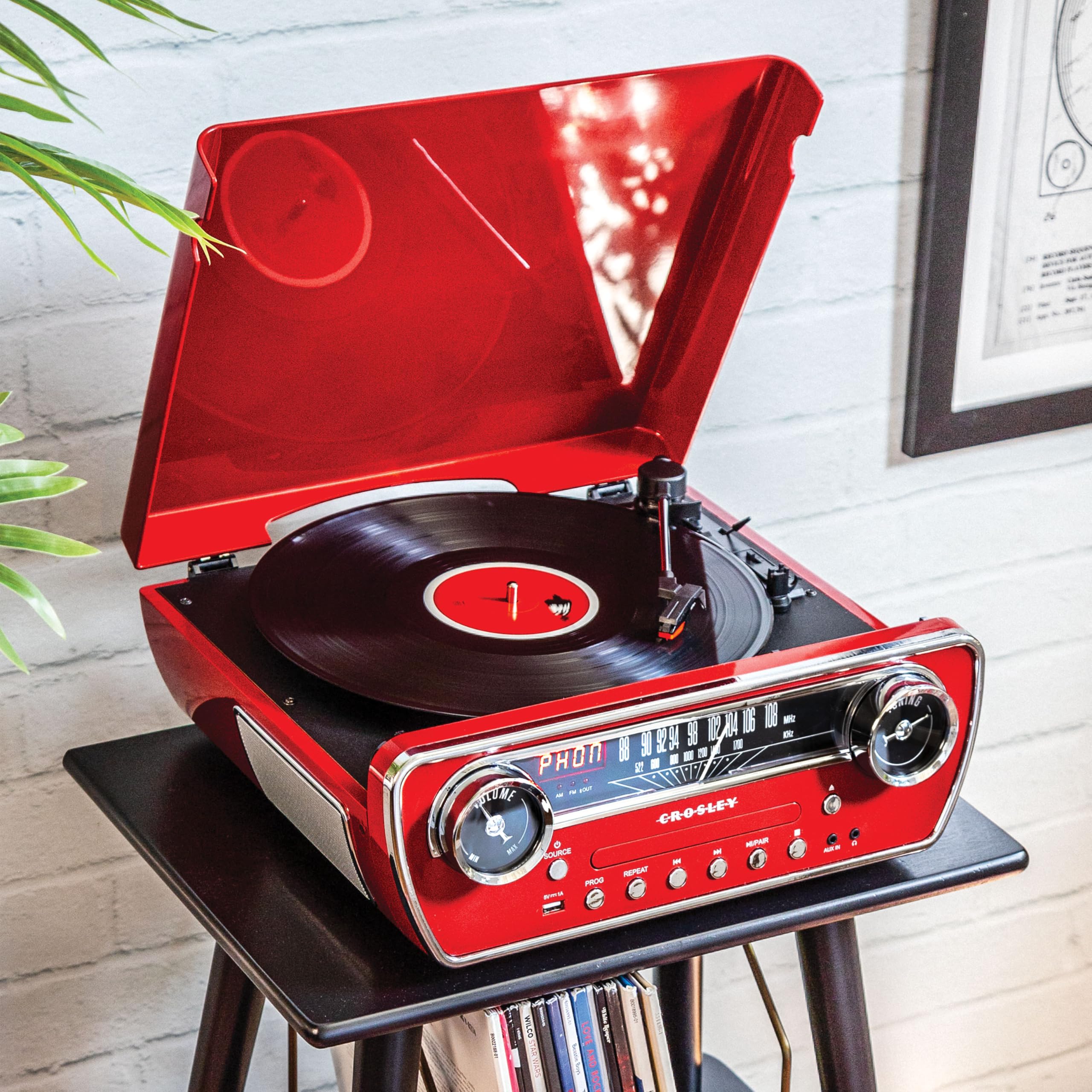 Crosley Cr6047A-Re Powel 7-In-1 Bluetooth In/Out Vinyl Record Player With Am/Fm Radio, Cd Player, And Aux-In, Red