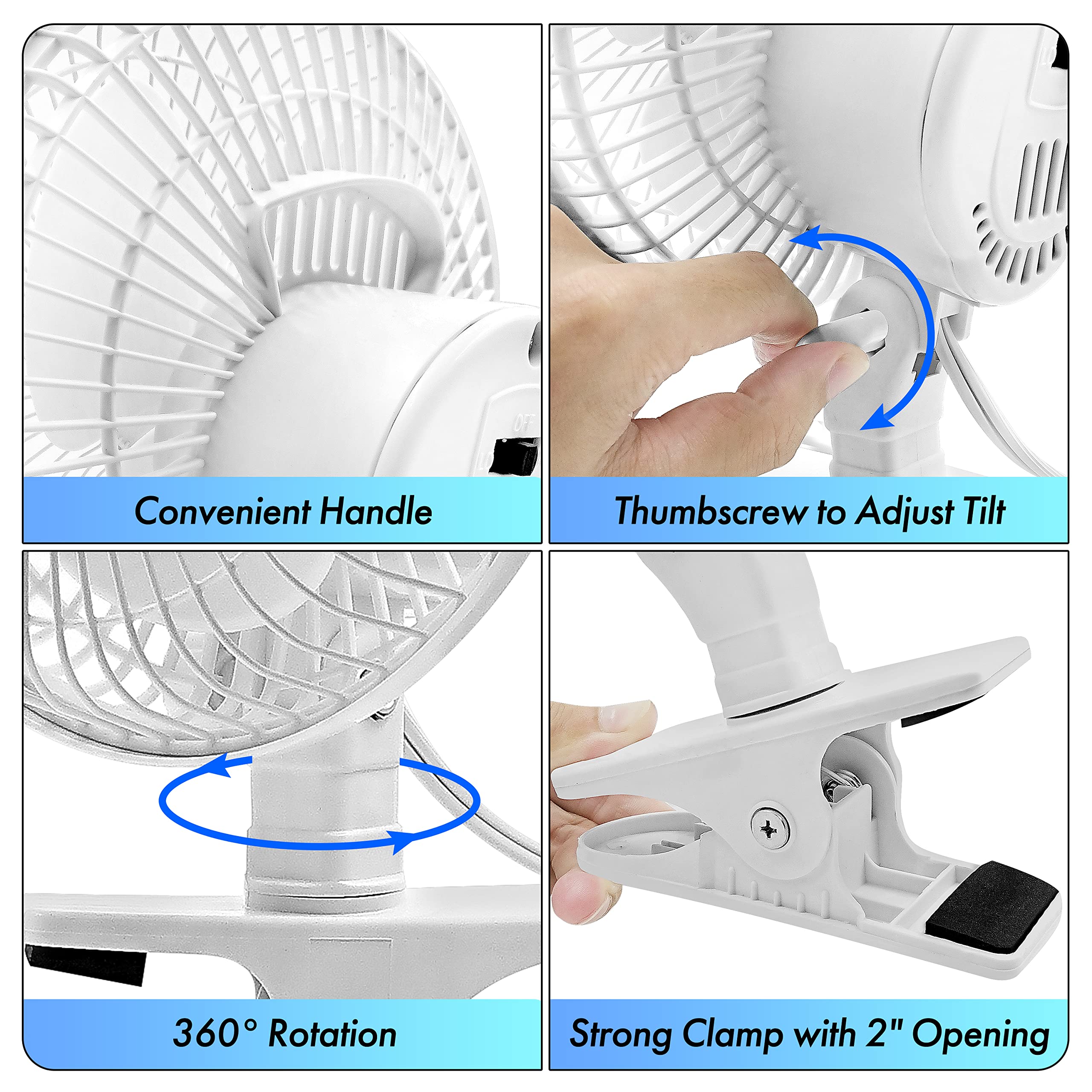 Comfort Zone Portable Clip On Fan With Fully Adjustable Tilt, Electric, 6 Inch, Quiet, Indoor, 2 Speed, Mini Desk Fan, Table Fan