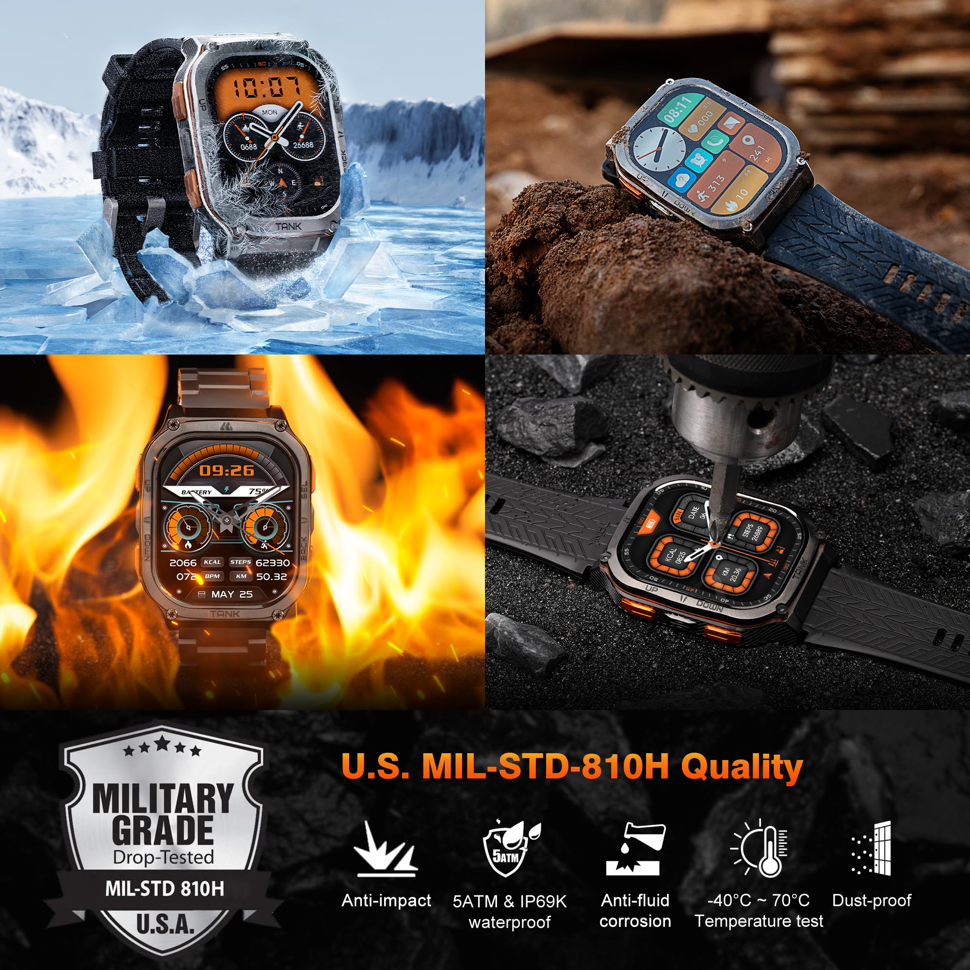 Kospet Tank M3 Ultra Smart Watch With Gps, 50M Waterproof, Compass, Altitude, Air Pressure, 480Mah Extra Large Battery, Full Sta