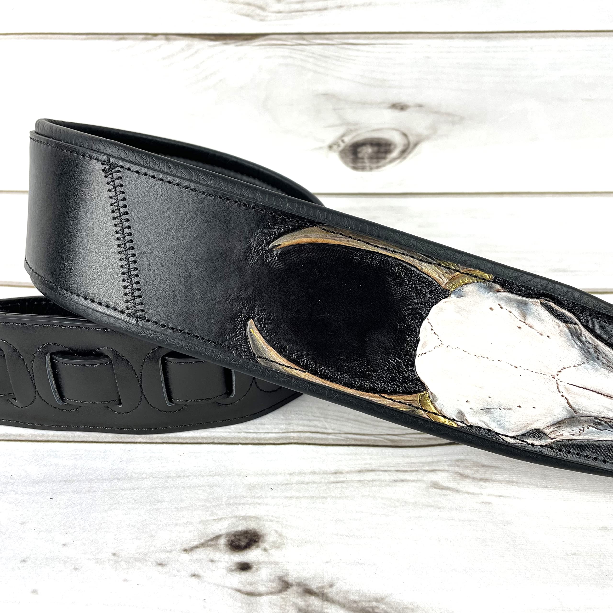 Walker And Williams Kb 61 Handmade Carved Longhorn Skull Guitar Strap On Premium Matte Black Leather For Acoustic, Electric, And