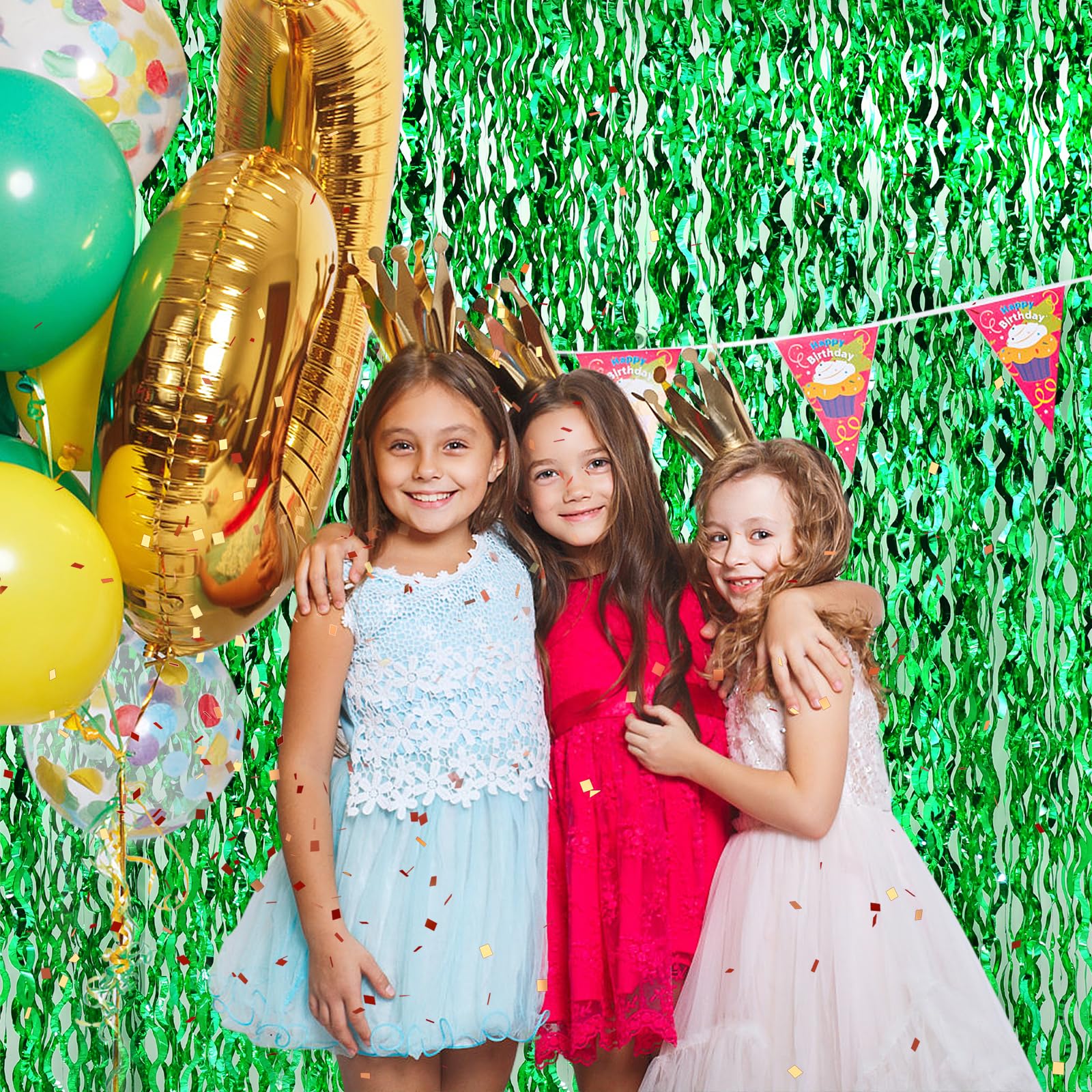 Wavy Green Metallic Tinsel Foil Fringe Curtains, 2 Pack 3.3X8.3 Feet Party Streamer For Birthday Party Decorations, Halloween De