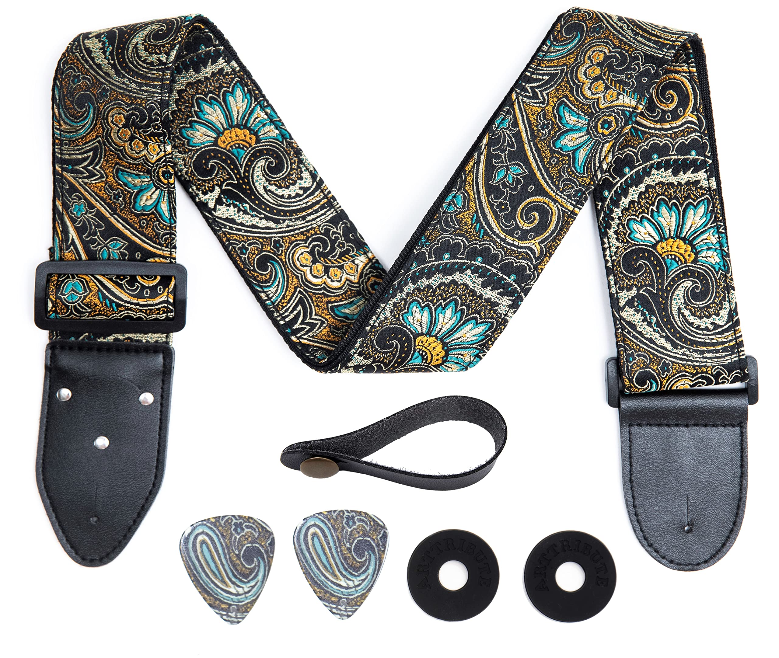 Art Tribute Guitar Strap Brown Gold Cotton Style Classic Pattern Wfree Bonus  2 Picks  Strap Locks  Strap Button For Bass, Elect