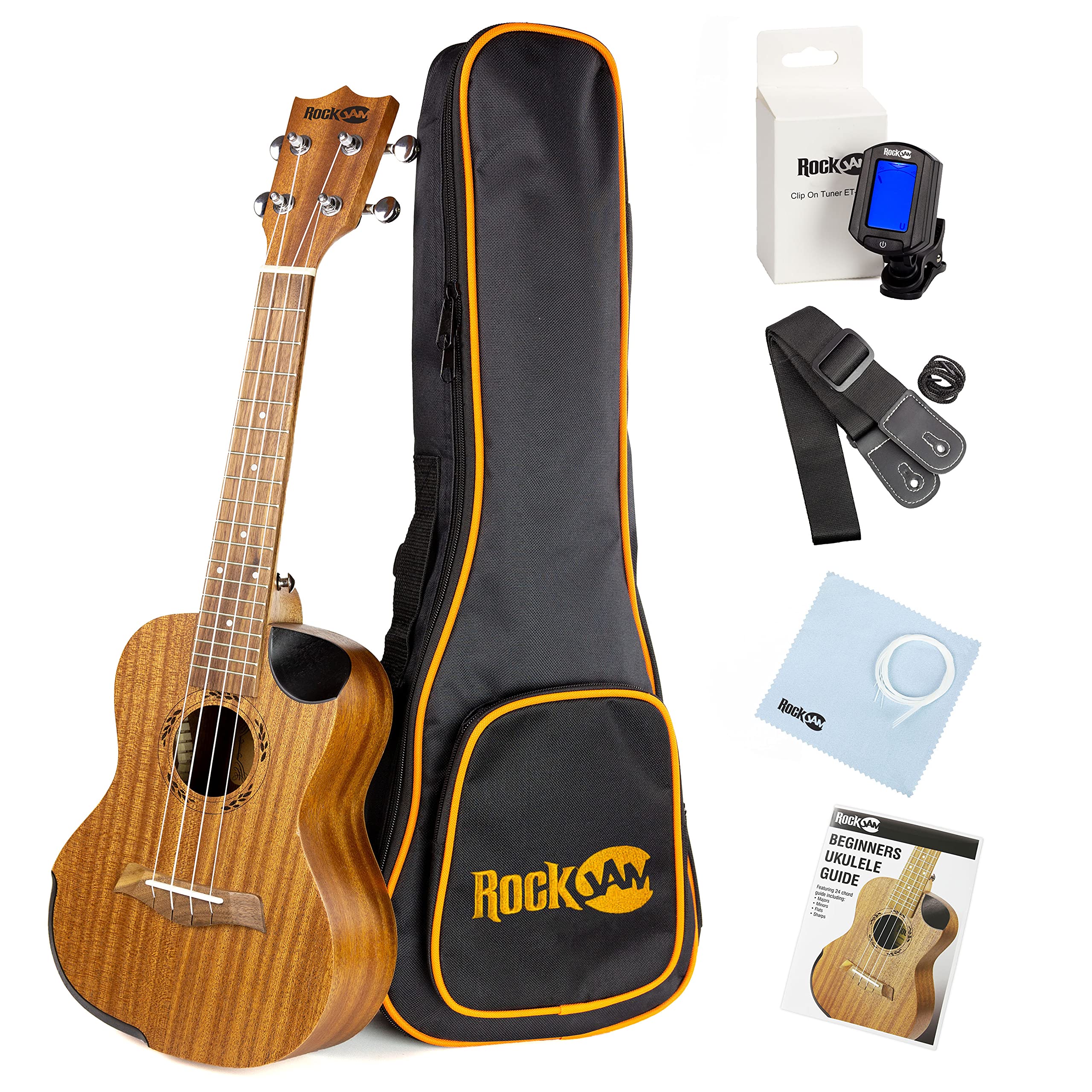 Rockjam Premium Concert Ukulele Kit With Tuner, Gig Bag, Strap, Picks & Spare Strings, 4, Right, Natural, Full (Rjuk 712C N)