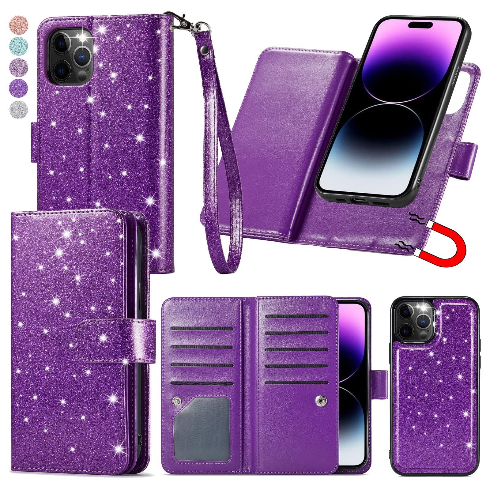 Varikke For Iphone 14 Pro Wallet Case, Detachable Magnetic Wallet Flip Cases With Card Holder & Kickstand & Wrist Strap Fits Iph
