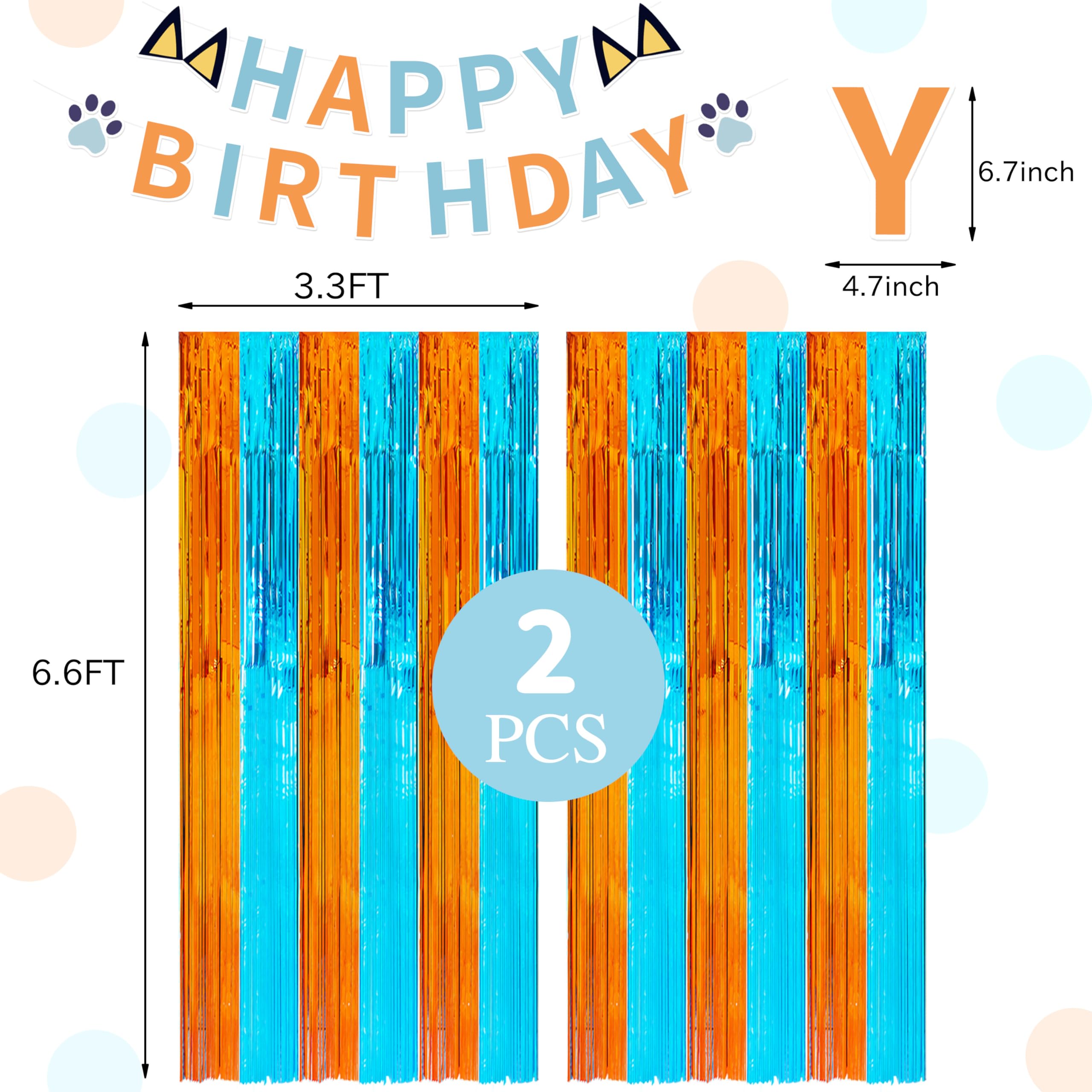 2 Pack 3.3X6.6Ft Blue Dog Foil Fringe Curtains And Banner, Orange And Blue Tinsel Photo Booth Prop, Streamer Backdrop Blue Dog B