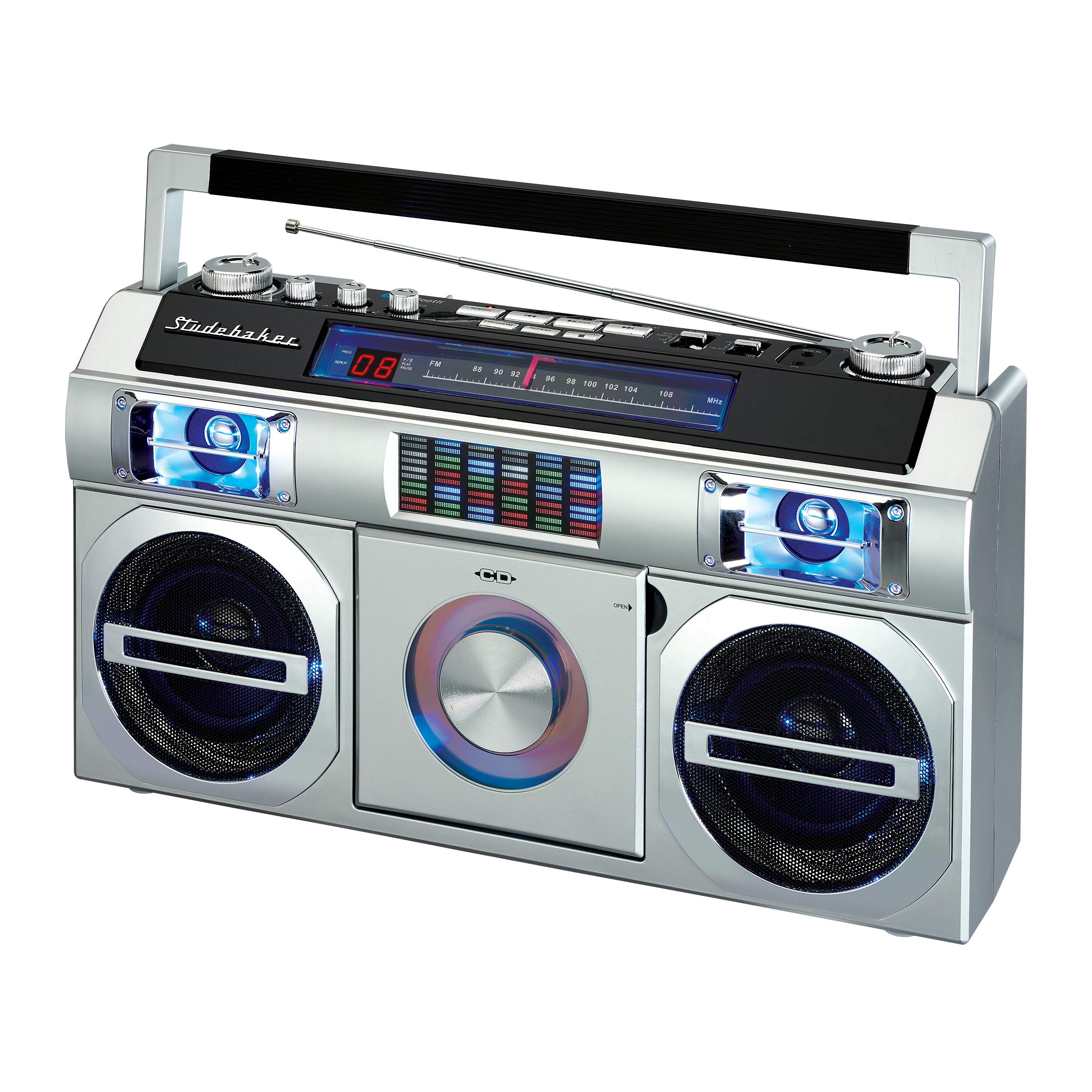 Studebaker SB2145S 80s Retro Street Bluetooth Boombox with FM Radio, CD Player, LED EQ, 10 Watts RMS Power and AC/DC in Silver