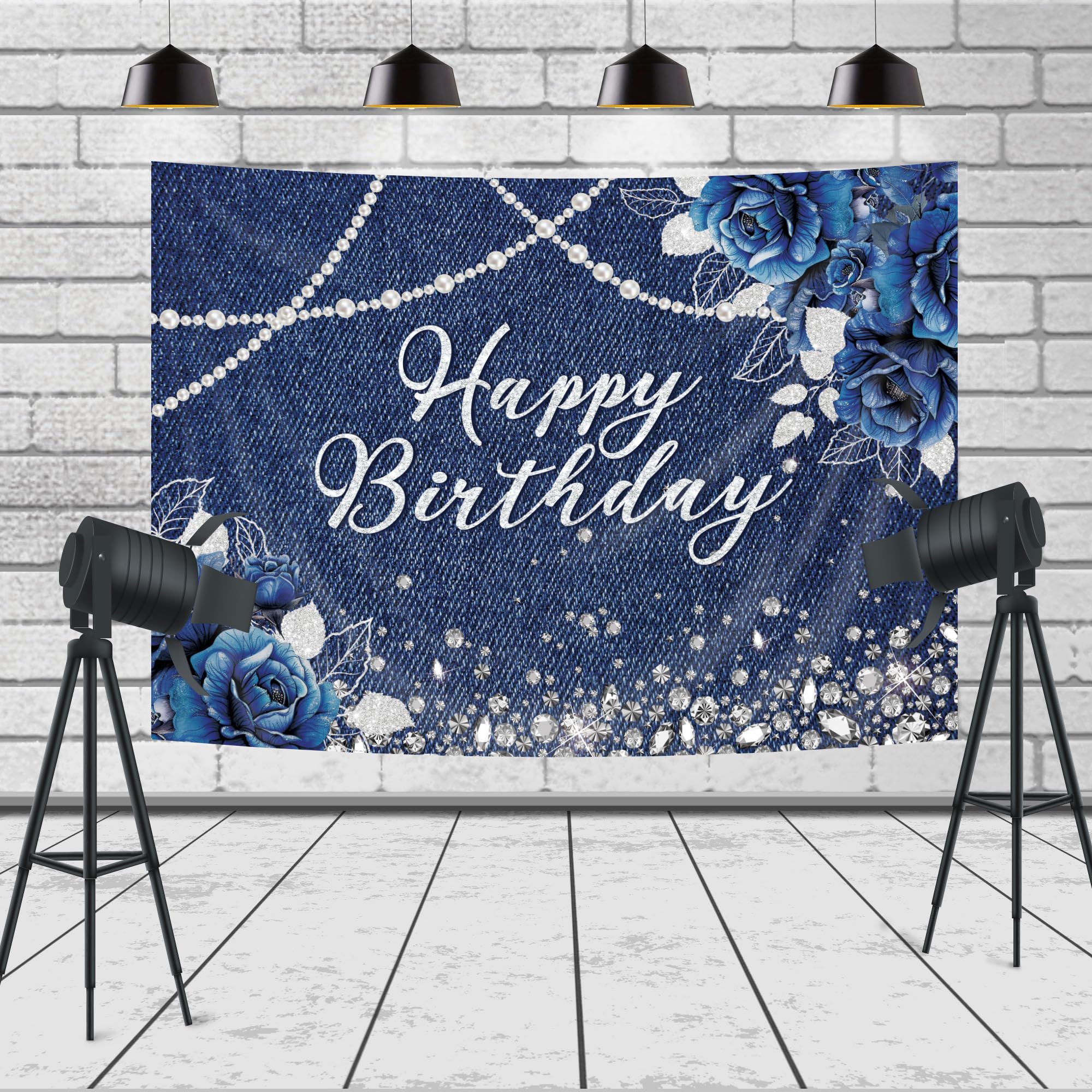 Ufeela Denim Diamonds Birthday Backdrop 7Wx5H Feet Fabric Polyester Navy Blue Silver Floral Rose Modern Luxury Sparkle Shining P