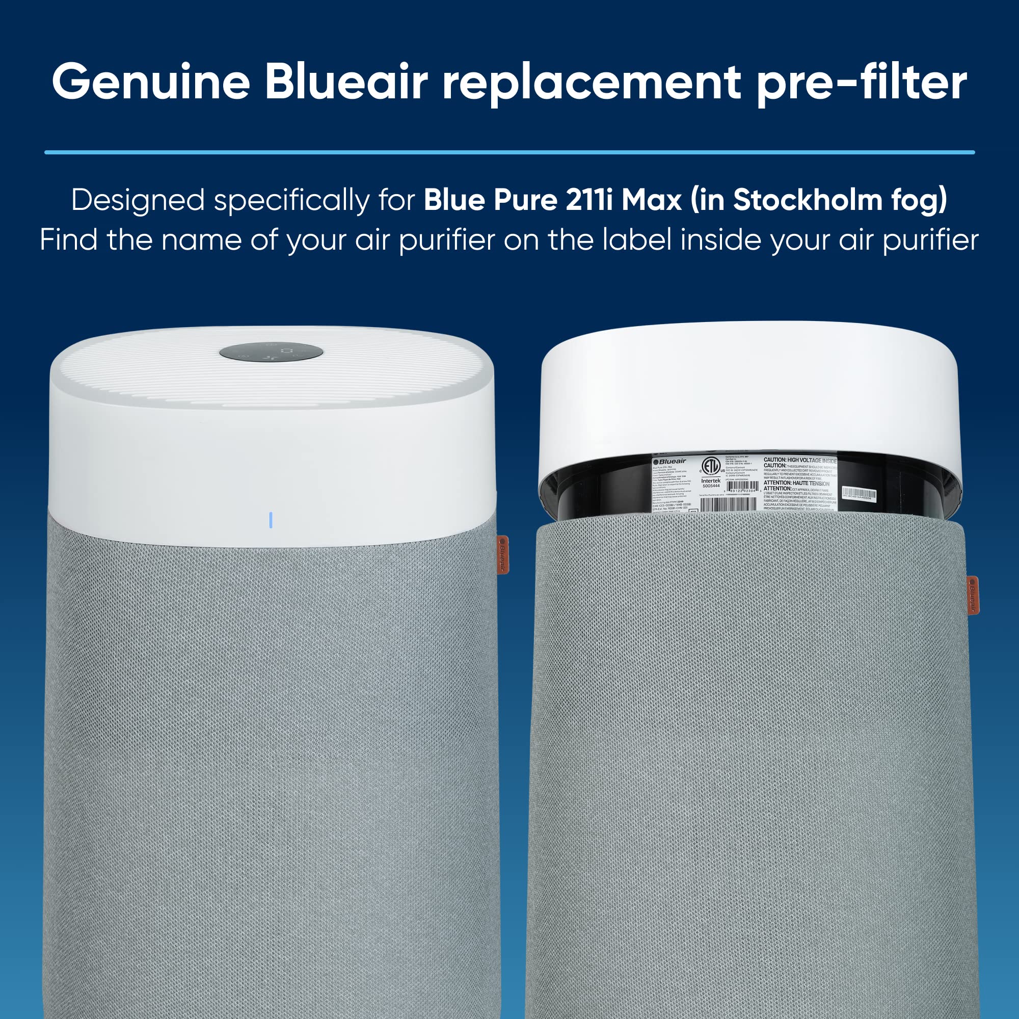 Blueair Genuine Pre Filter Blue Pure 211I Max Air Purifier, Washable Fabric, Fog Grey