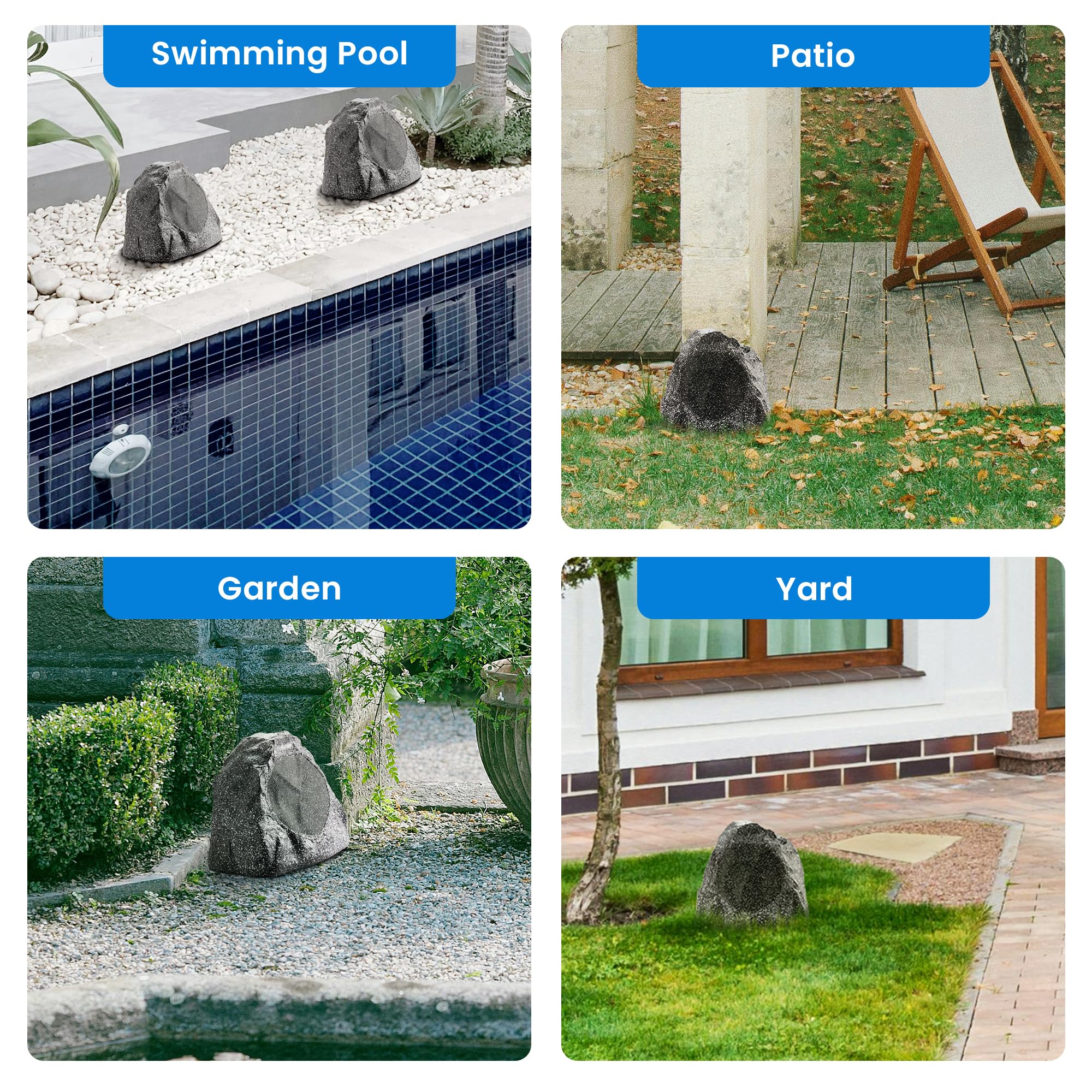 Theater Solutions 2R8G Outdoor Granite 8 Rock 2 Speaker Set For Deck Pool Spa Yard Garden, Granite Grey