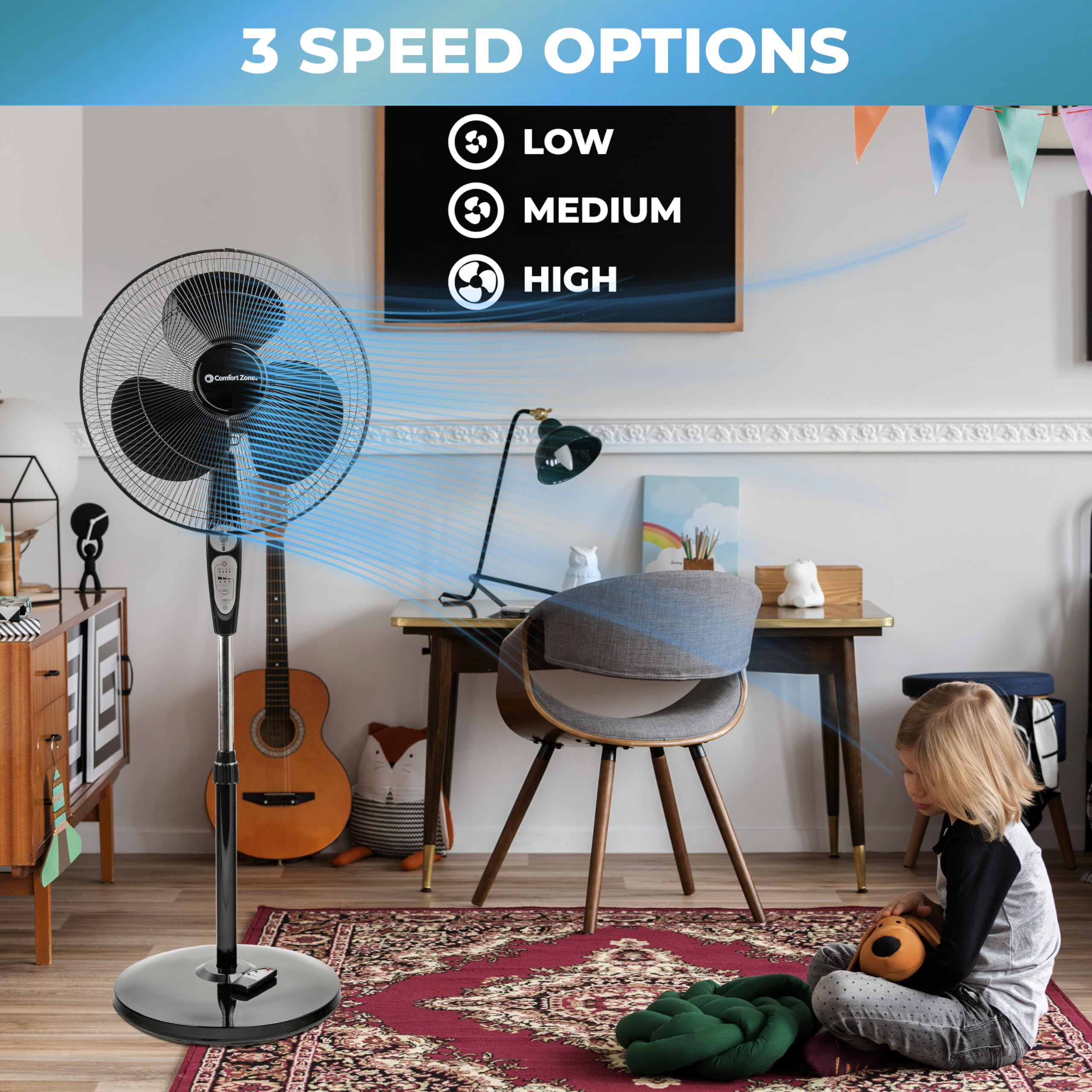 Comfort Zone Oscillating Pedestal Fan With Remote Control, Stand Fan, 18 Inch, 3 Speed, Adjustable Height & Tilt, & Timer, Auto