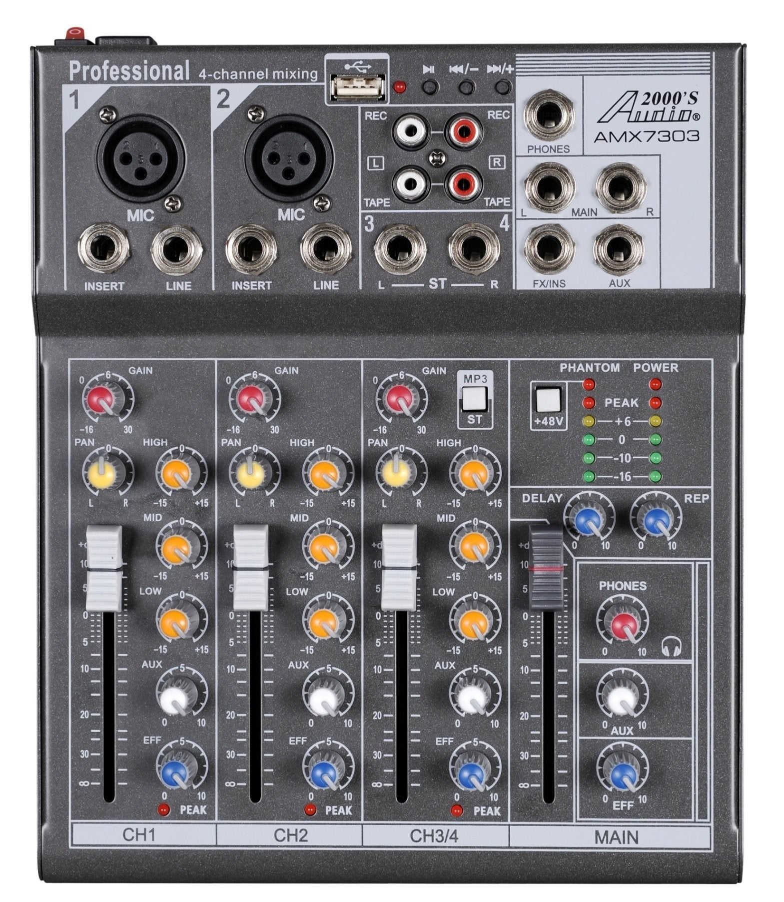 Audio2000S AMX7303- Professional Four-Channel Audio Mixer with USB and DSP Processor