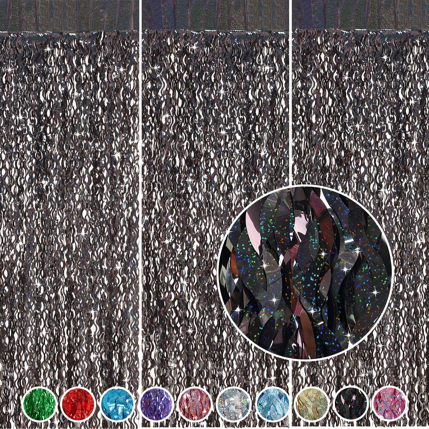 Black Foil Curtain Backdrop, Cylmfc 3 Pack 3.3 Ft X 6.6 Ft Sparkle Metallic Foil Curtains For Photo Booth Props Decoration,Gradu
