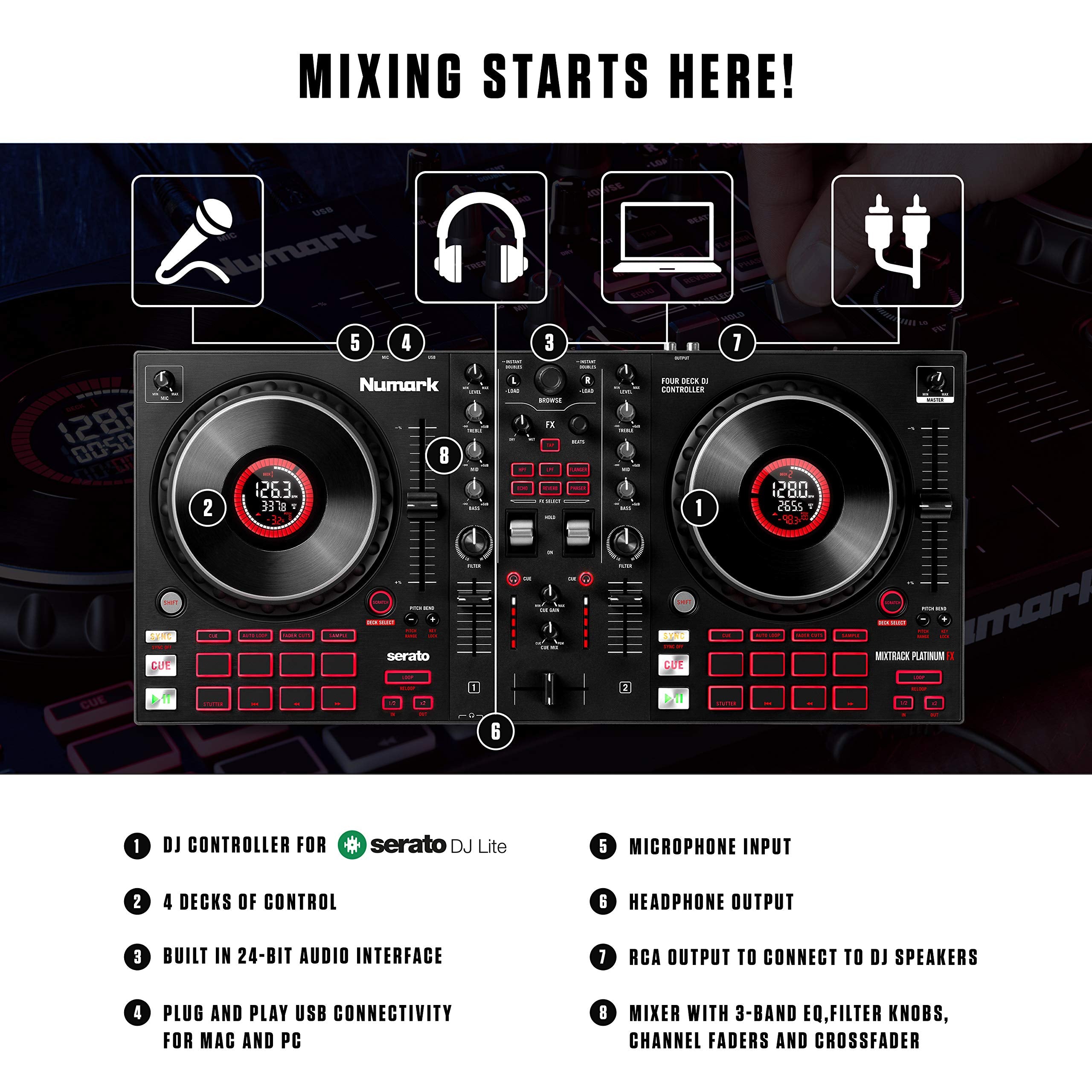 Numark Mixtrack Platinum Fx   Dj Controller For Serato Dj With 4 Deck Control, Dj Mixer, Built In Audio Interface, Jog Wheel Dis