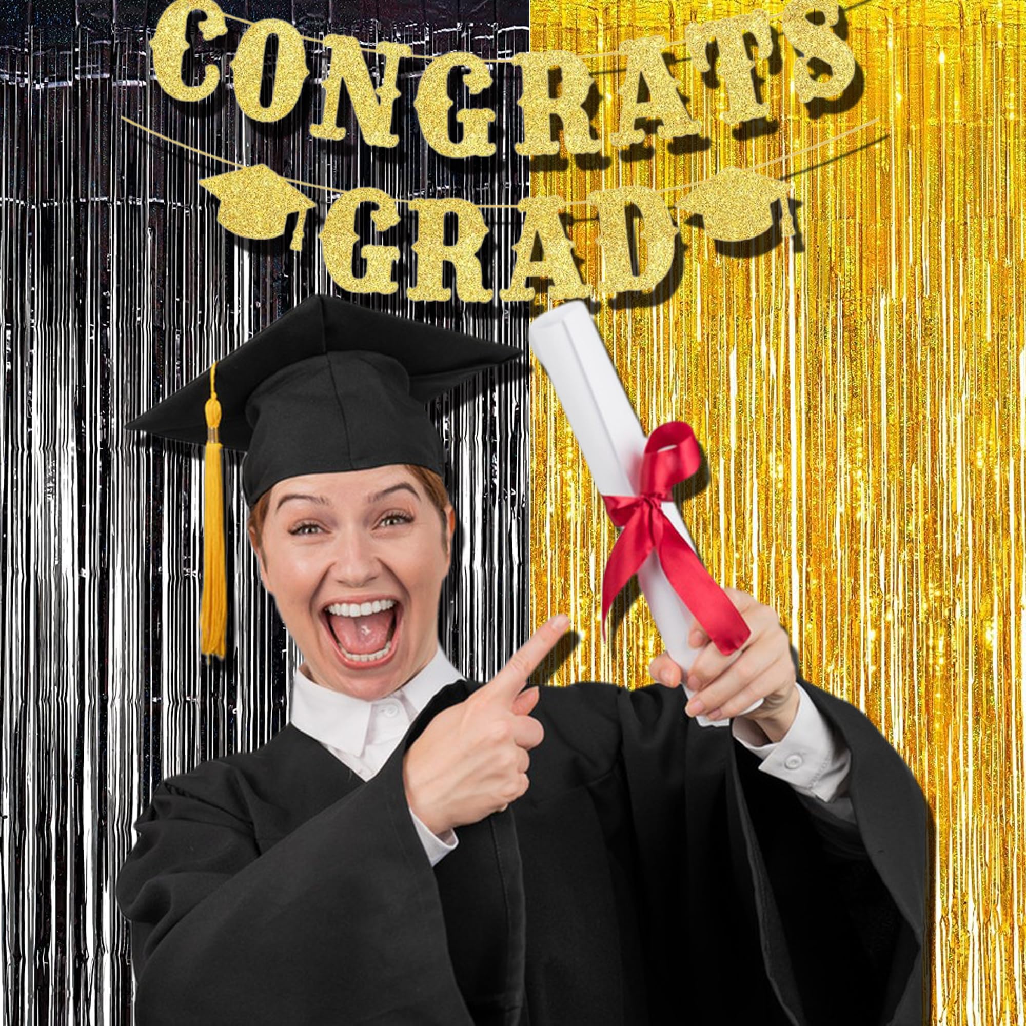 Braveshine Black Gold Foil Fringe Curtain Backdrop   2 Pack 3.2 X 8.2 Ft Metallic Tinsel Photo Booth Streamers Curtains For 50Th