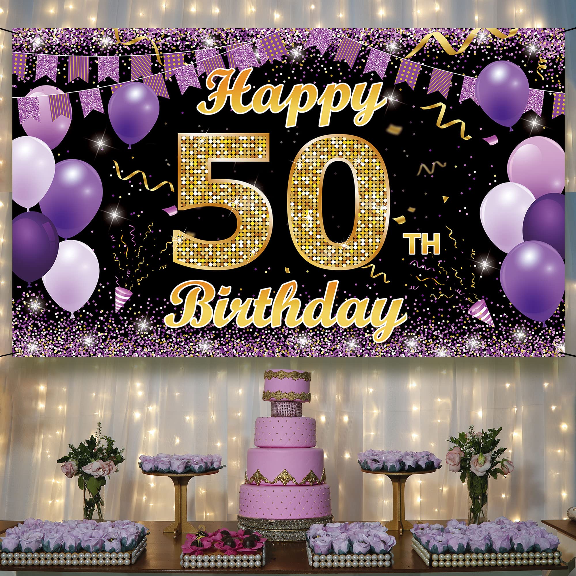 50Th Birthday Decorations Backdrop Banner, Happy 50Th Birthday Decorations For Her, Gold Purple 50 Birthday Party Photo Backdrop