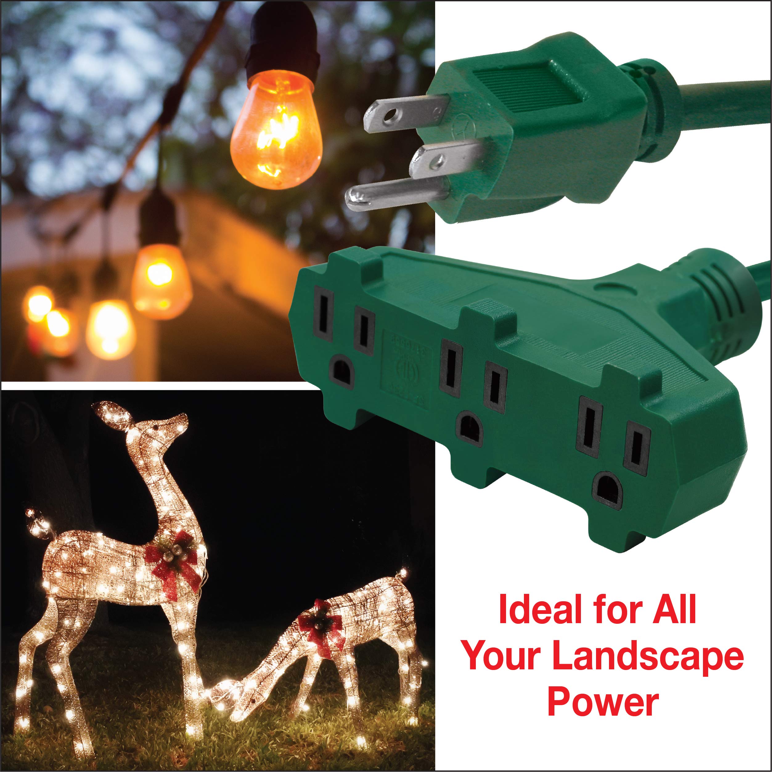 Clear Power 35 Ft 3 Outlet Lawn & Garden Outdoor Extension Cord 16/3 Sjtw, Green, Water & Weather Resistant, Flame Retardant, 3