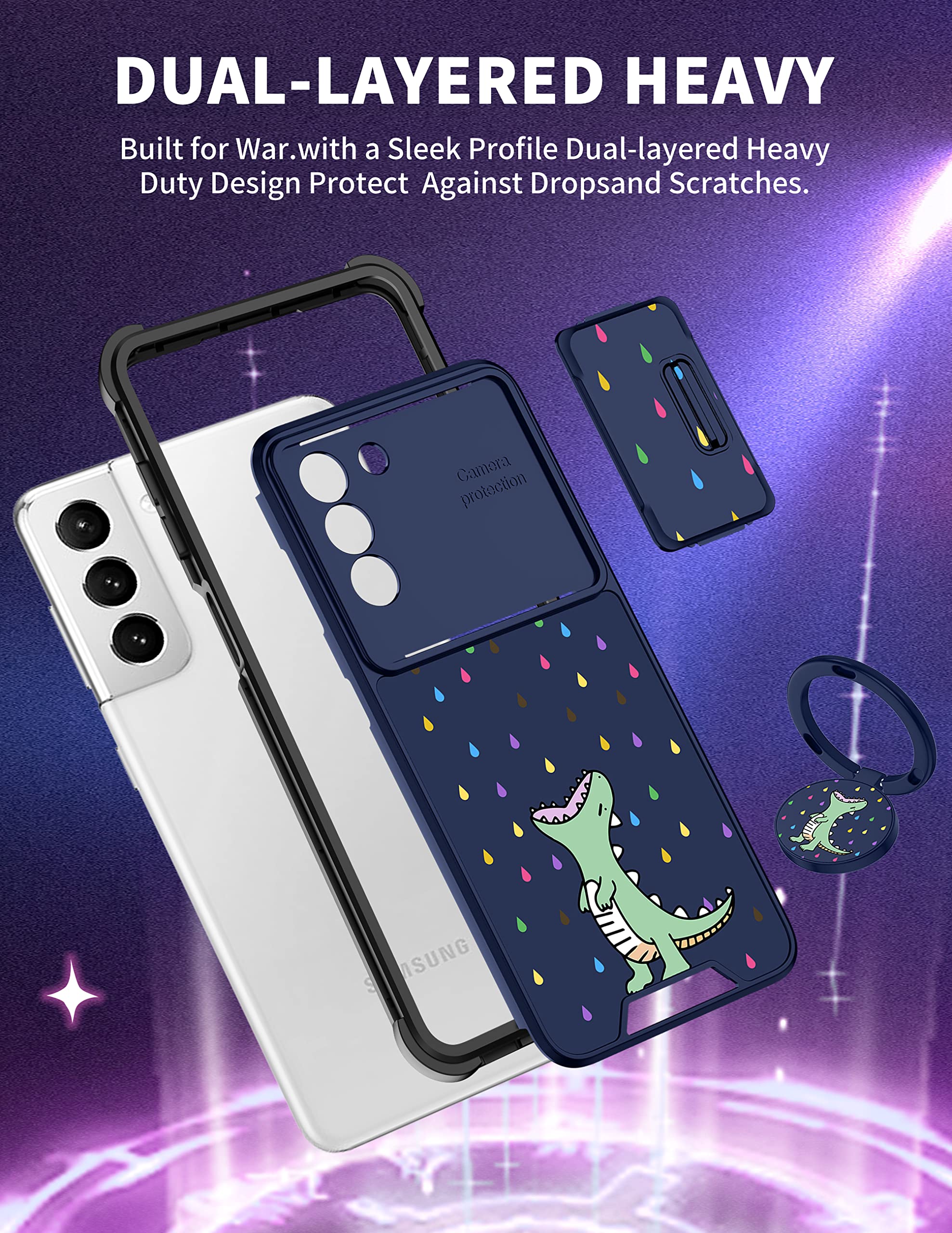 Goocrux (2In1 For Samsung Galaxy S21 Case Dinosaur Women Girls Cute Cartoon Phone Cover With Slide Camera Cover+Ring Holder Gree