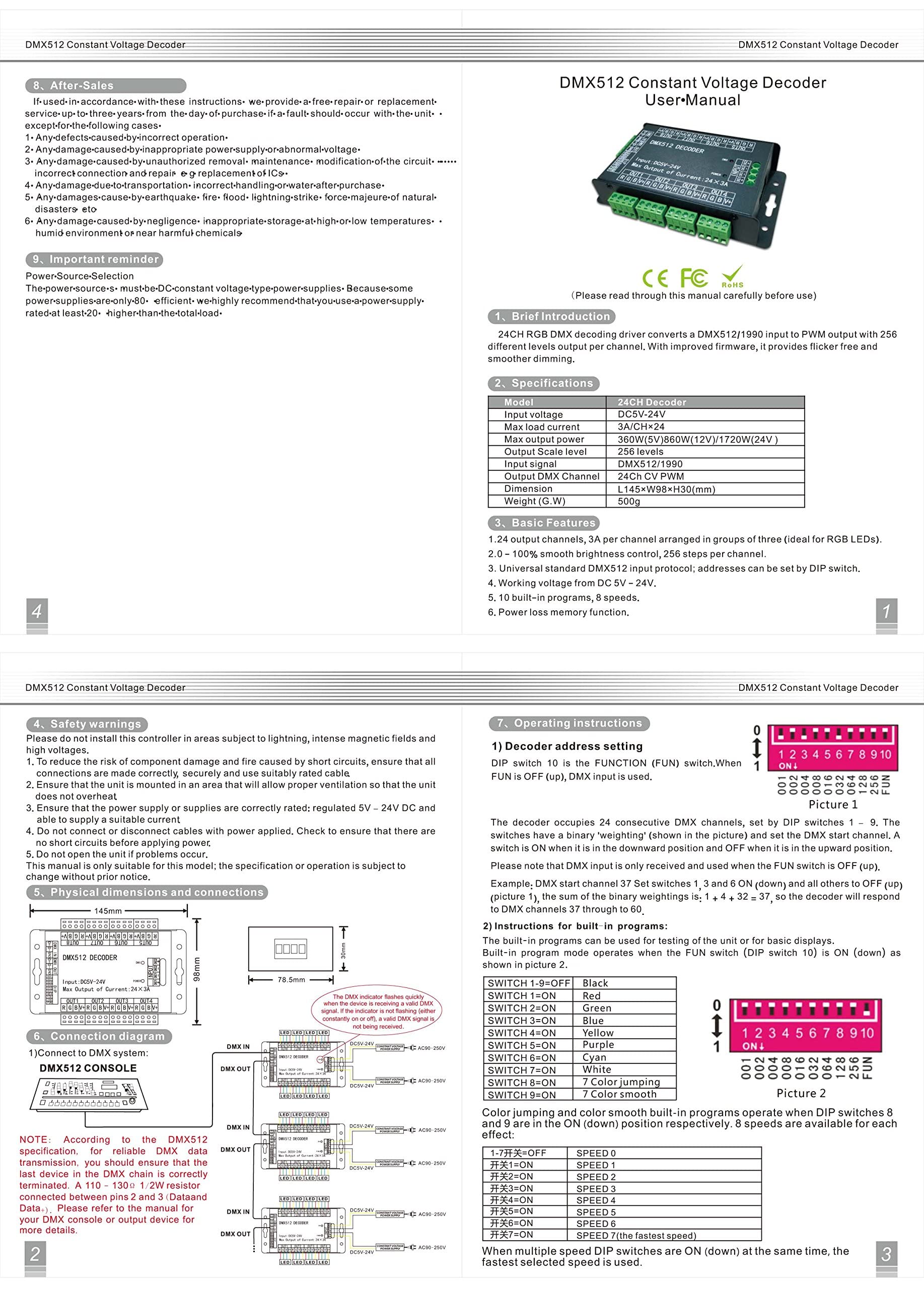 High Power 24 Channel 3A/Ch Dmx512 Controller Led Decoder Dimmer For Project 500Hz Flicker Free Smoother Dimming Dmx Signal Indi
