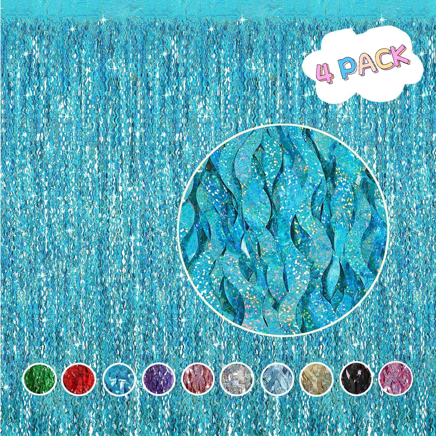 4 Pack Teal Aqua Blue Wavy Foil Fringe Curtains Party Decorations   3.3 Ft X 6.6 Ft Sparkle Streamer Tinsel Curtain Party Photo