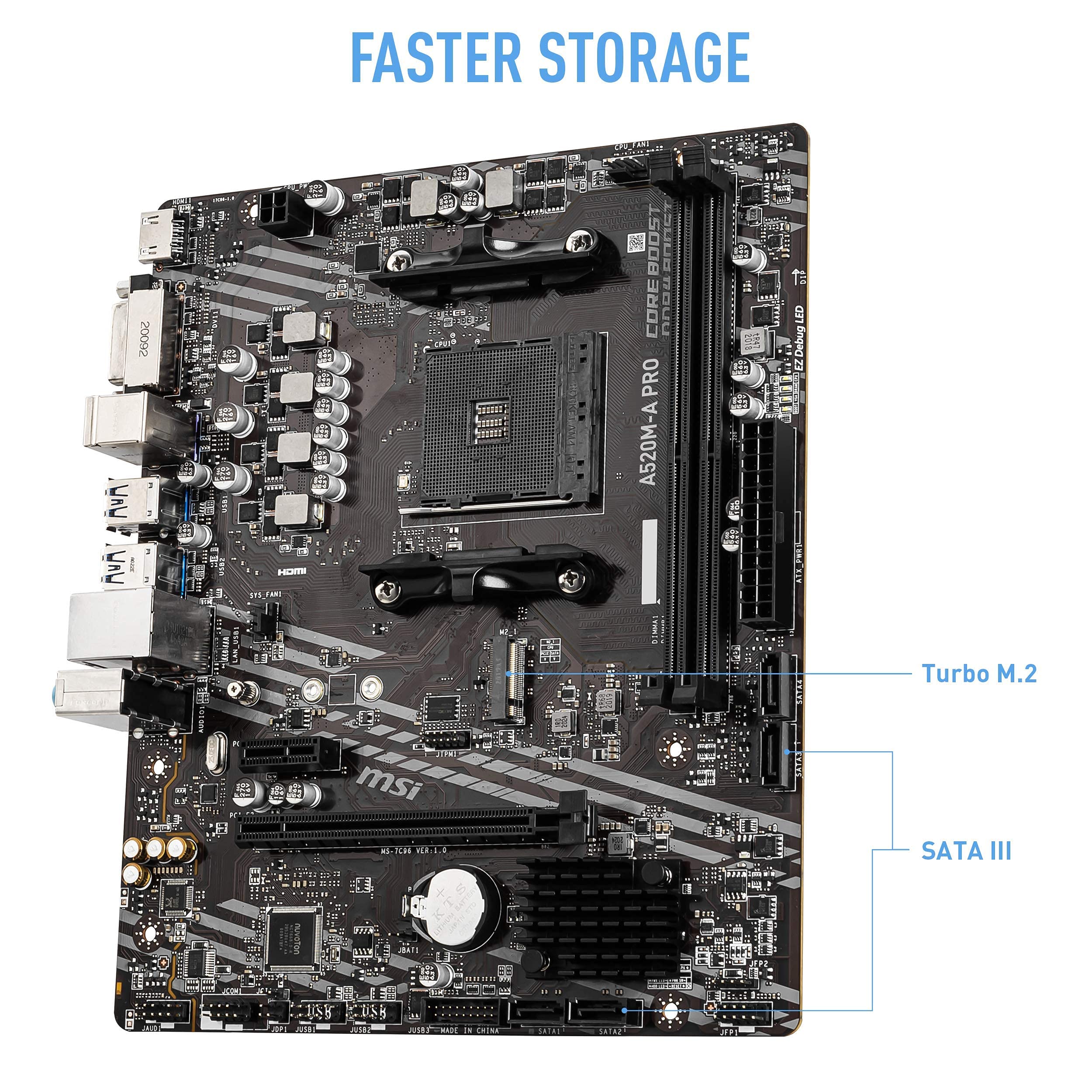 Msi A520M A Pro Gaming Motherboard (Amd Am4, Ddr4, Pcie 4.0, Sata 6Gb/S, Dual M.2, Usb 3.2 Gen 1, Dvi/Hdmi, Micro Atx)