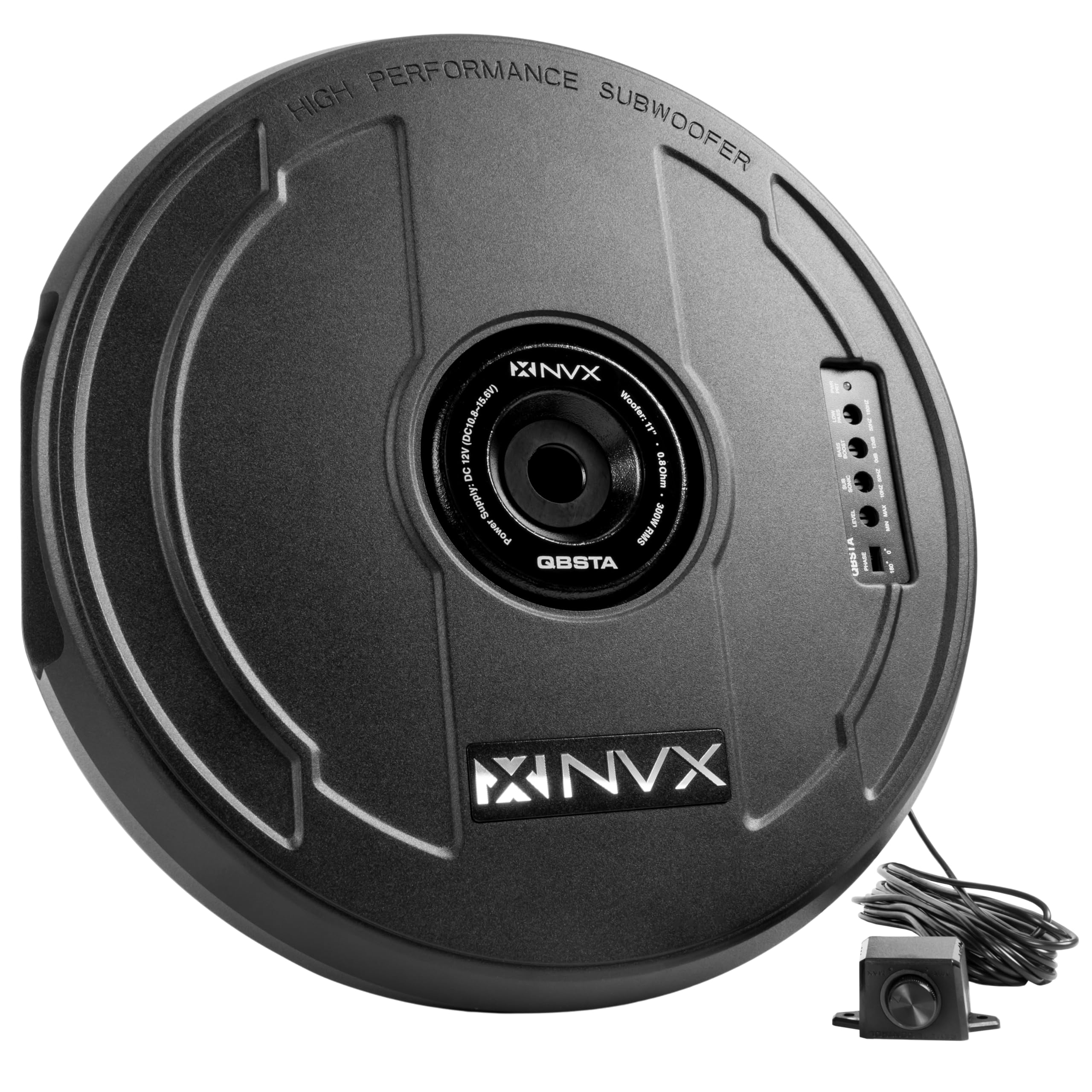 Nvx Qbsta 900W Max (300W Rms) 11'' Powered Spare Tire Subwoofer Box With Built In Amp And Remote Bass Knob, Easy To Install In C