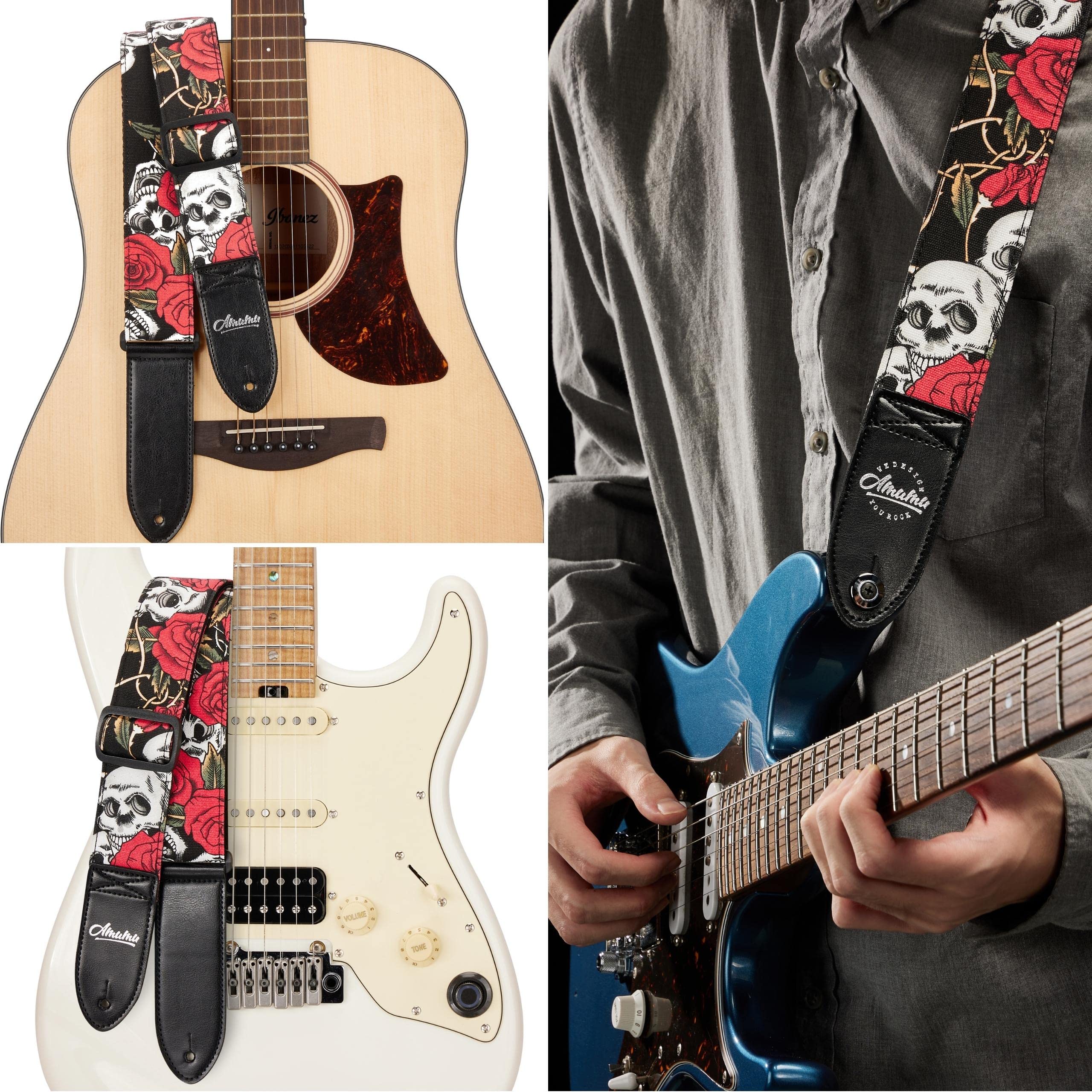 Amumu Guitar Strap - 2 Rose Skull Pattern For Acoustic, Electric And Bass Guitars, Adjustable 36 - 63