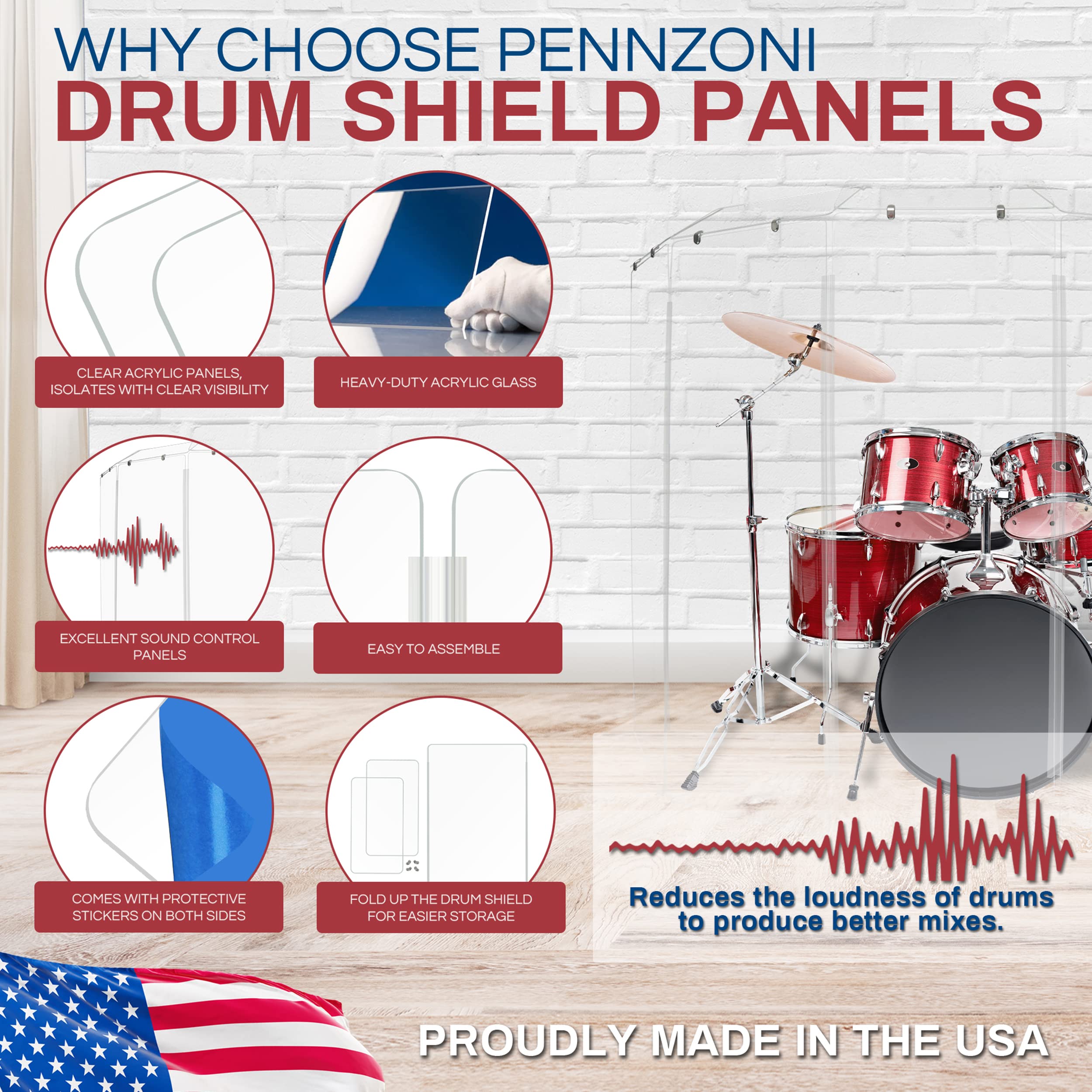Pennzoni Drum Shield 6Ft W/Deflectors & Plastic Hinges, Comes W/ 5 Drum Panels, Plastic Hinges & Deflector Connectors, Premium C